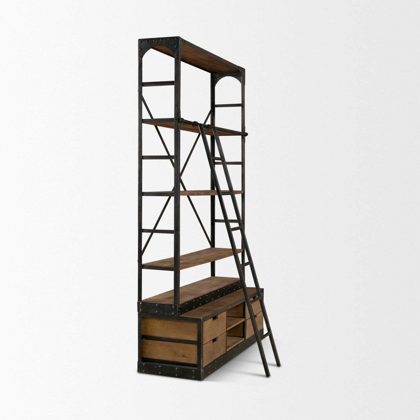 Brodie VIII 57L x 20.5W x 94H Brown Wood Gun-Metal Ladder Four Shelf Shelving Unit