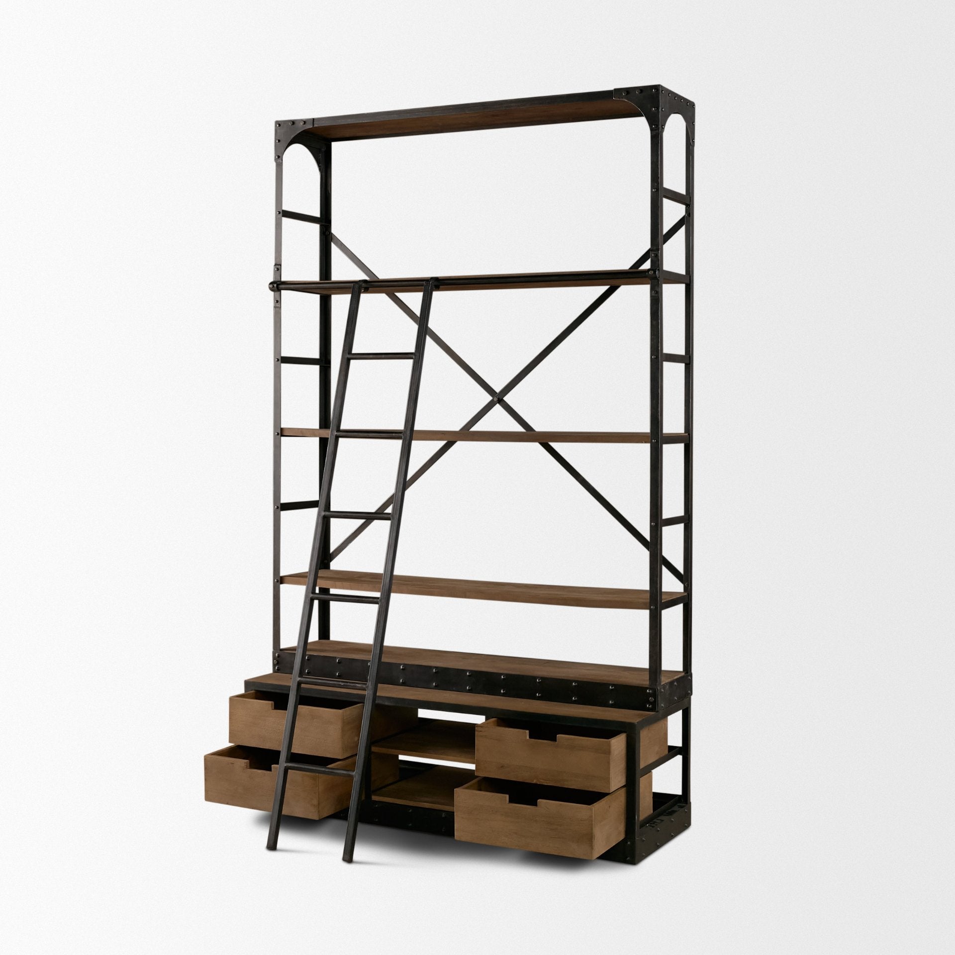 Brodie VIII 57L x 20.5W x 94H Brown Wood Gun-Metal Ladder Four Shelf Shelving Unit