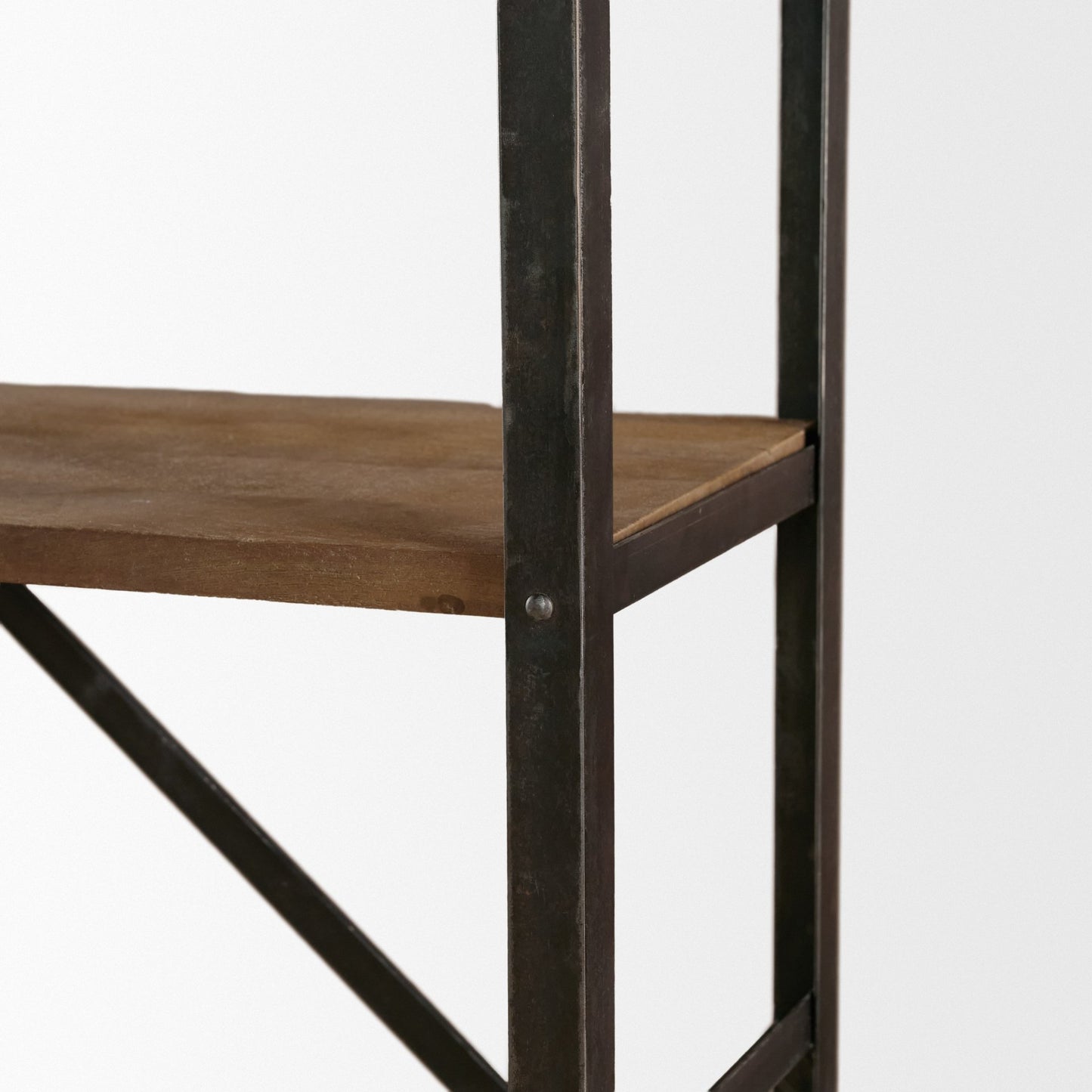 Brodie VIII 57L x 20.5W x 94H Brown Wood Gun-Metal Ladder Four Shelf Shelving Unit