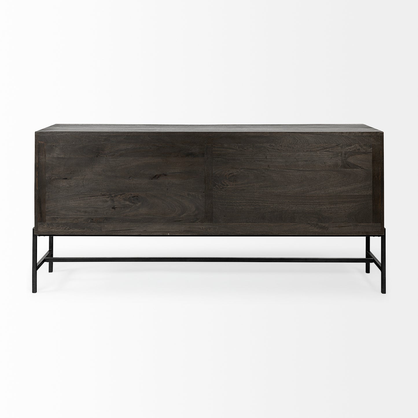 Arelius 70L x 18.75W x 32H Black-Brown Wood, Black Metal Base w/ 4 Glass Cabinet Doors Sideboard