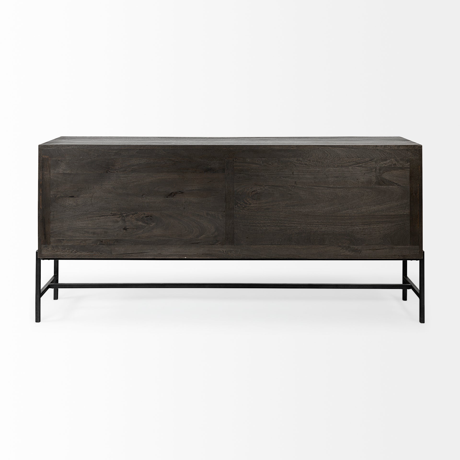 Arelius 70L x 18.75W x 32H Black-Brown Wood, Black Metal Base w/ 4 Glass Cabinet Doors Sideboard