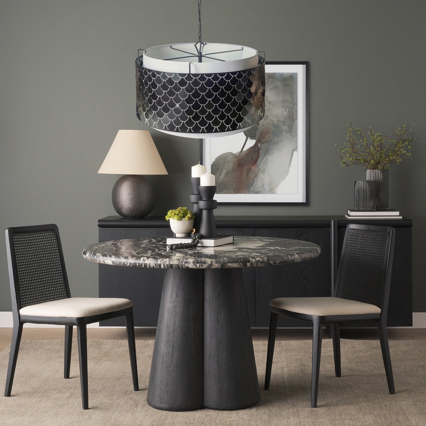 Brasseur I (26"x15") Charcoal Black Metal Fish Scale Three Bulb Chandelier