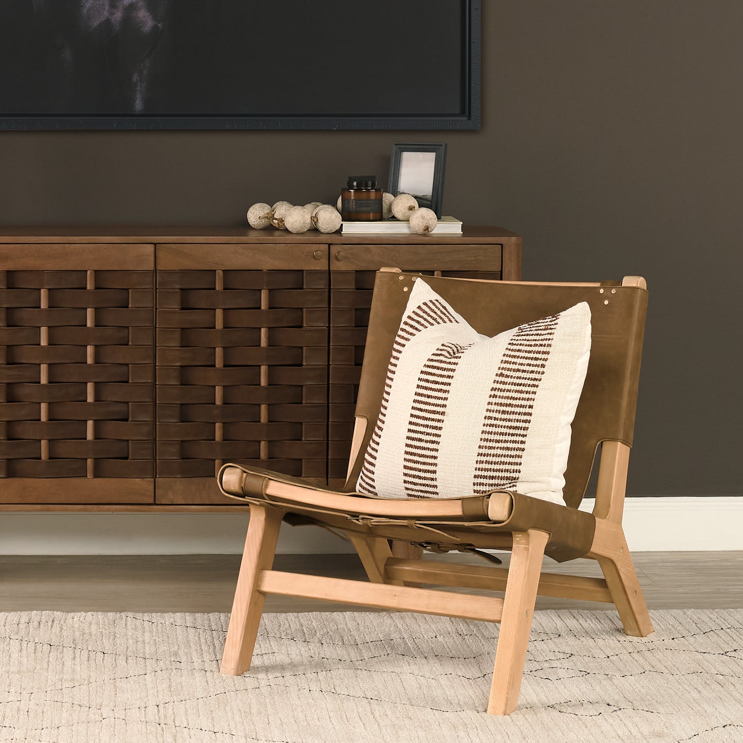 Elodie 24.4L x 33.9W x 30.7H Brown Leather W/Natural Beech Wood Frame Accent Chair