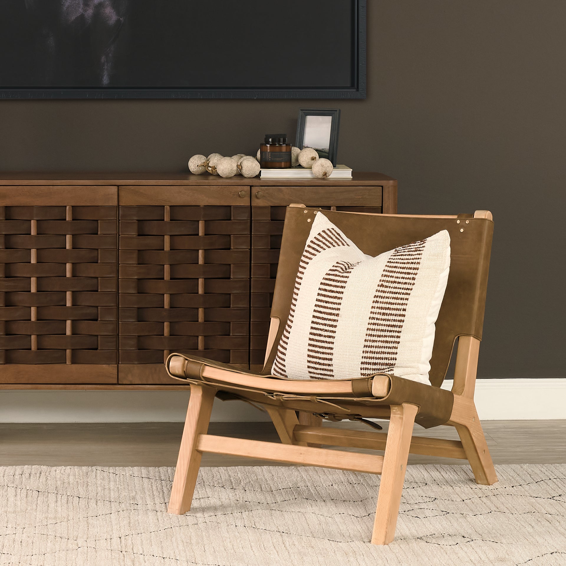 Elodie 24.4L x 33.9W x 30.7H Brown Leather W/Natural Beech Wood Frame Accent Chair