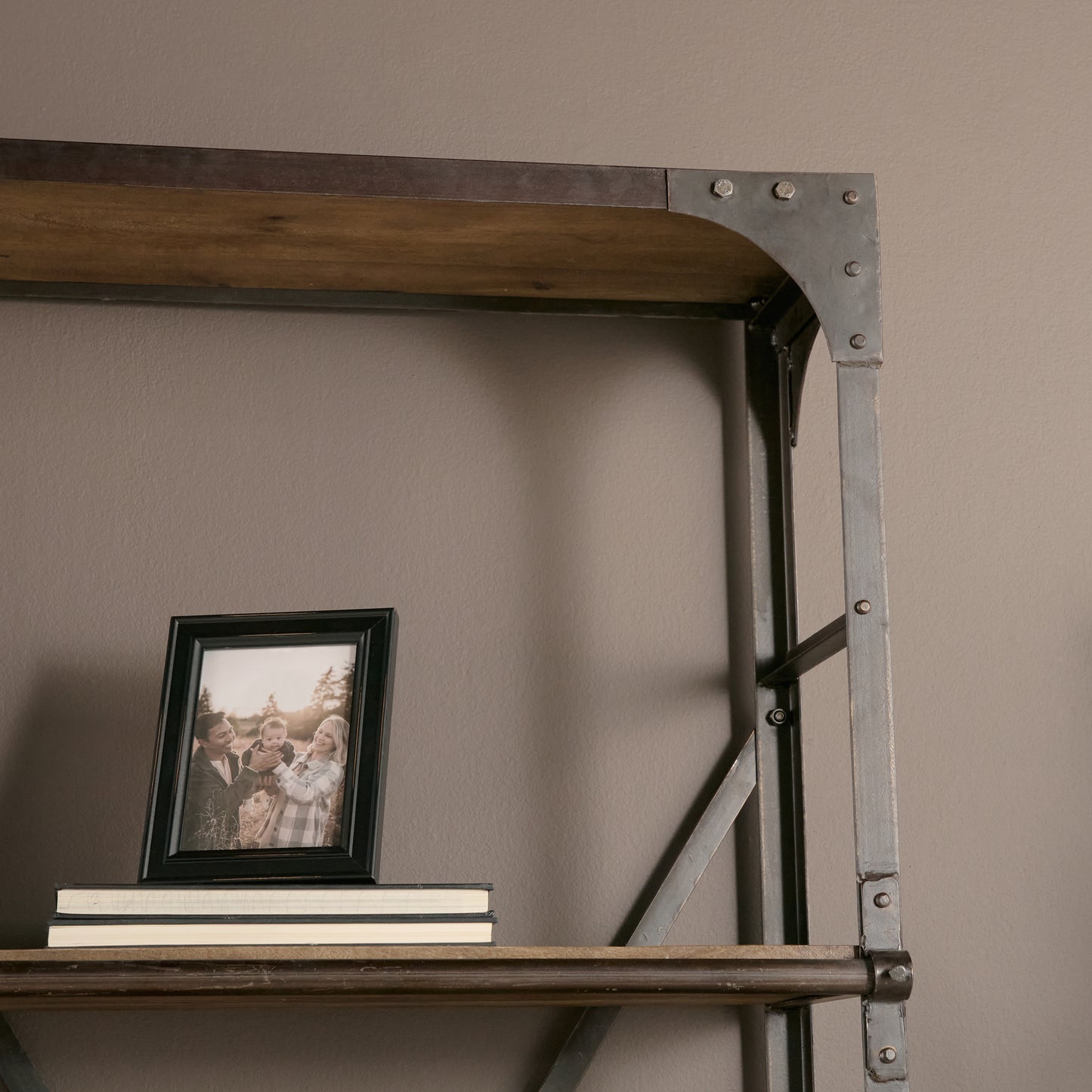 Brodie VII 32L x 22W x 94H Brown Wood Gun-Metal Bracing Four Shelf Shelving Unit