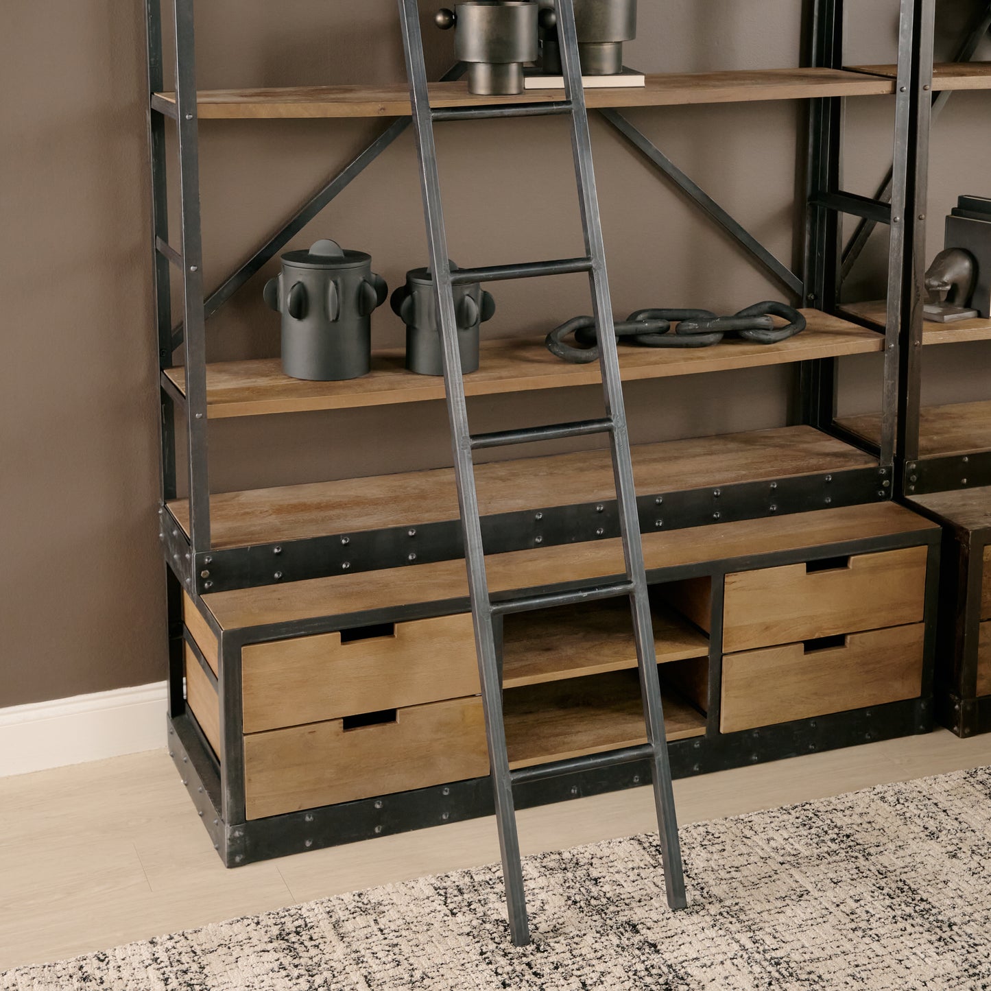 Brodie VIII 57L x 20.5W x 94H Brown Wood Gun-Metal Ladder Four Shelf Shelving Unit