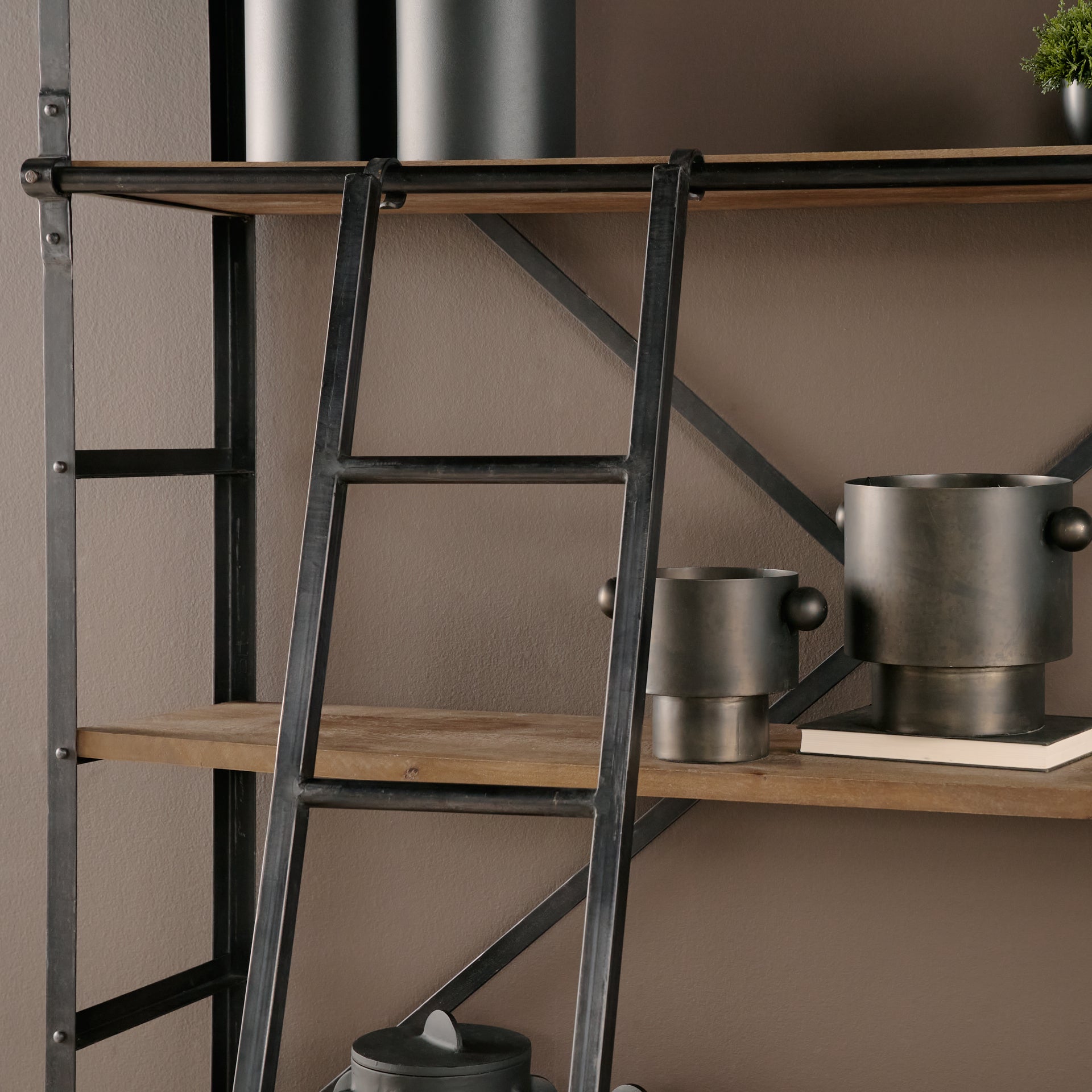 Brodie VIII 57L x 20.5W x 94H Brown Wood Gun-Metal Ladder Four Shelf Shelving Unit