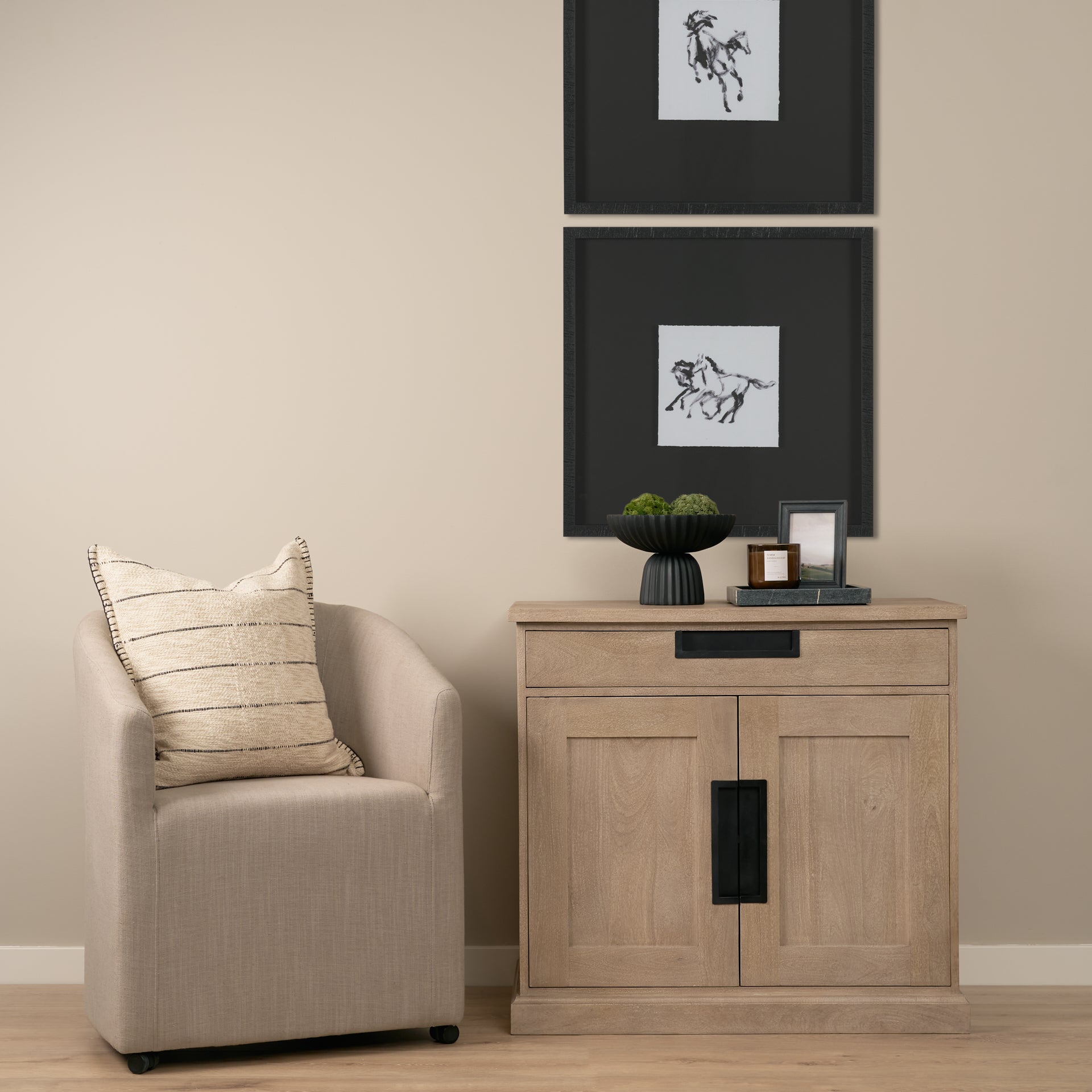 Braxton  33.5L x 18.5W x 31.5H Beige Wood W/Black Accents 2 Door Accent Cabinet