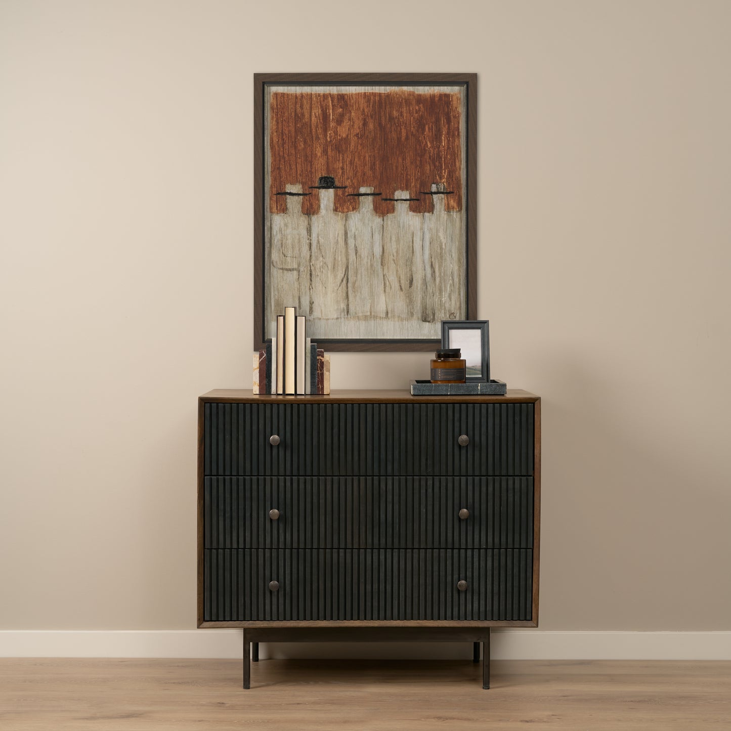 Grace 35.5L x 18.0W x 31.0H Medium Brown Wood W/Black Metal Frame 3 Drawer Accent Cabinet