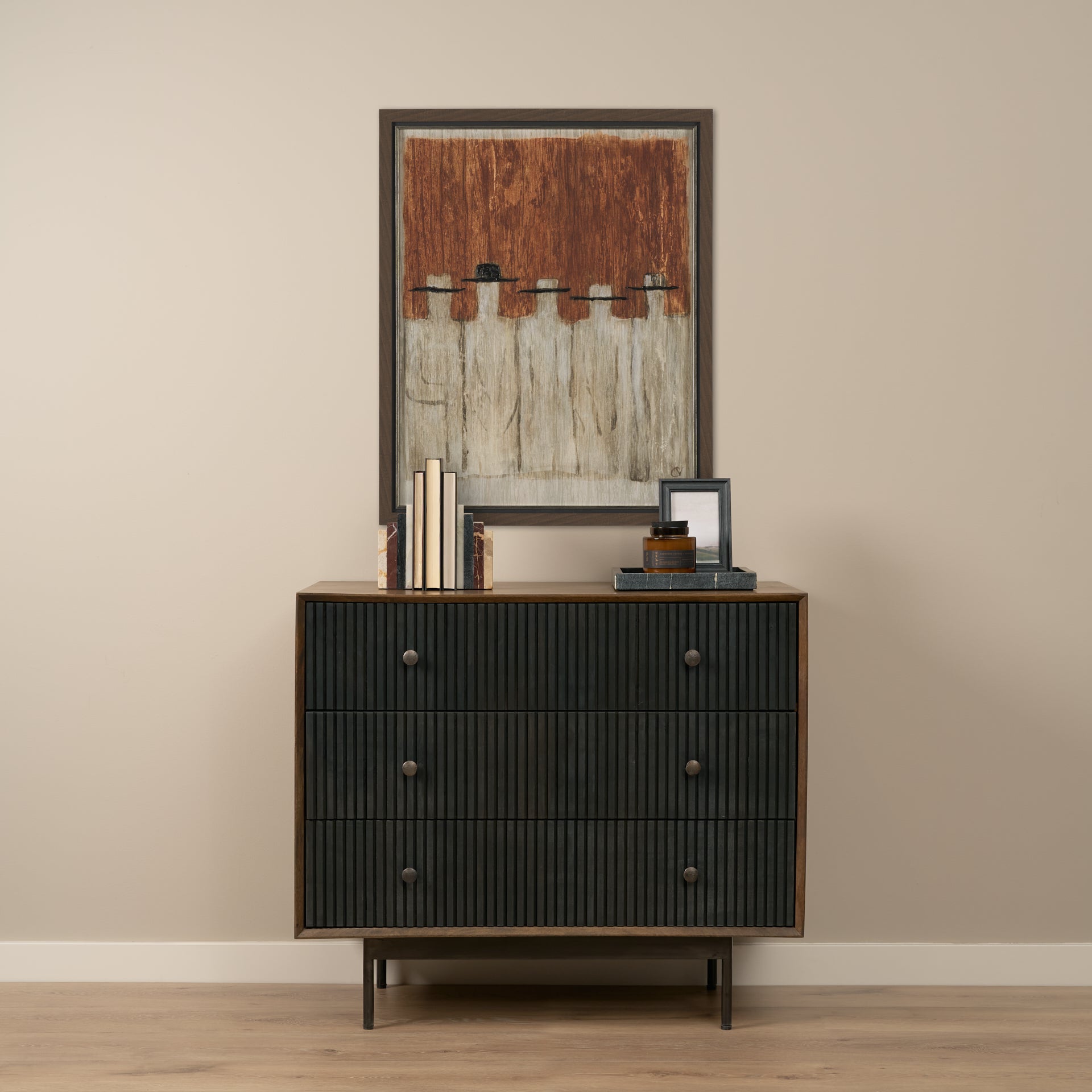 Grace 35.5L x 18.0W x 31.0H Medium Brown Wood W/Black Metal Frame 3 Drawer Accent Cabinet