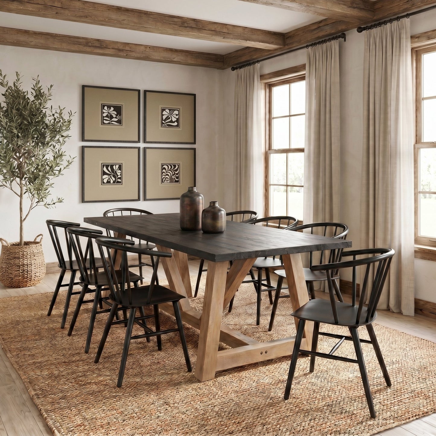 Rialto Rectangular Two-Tone Black and Brown Solid Wood Dining Table