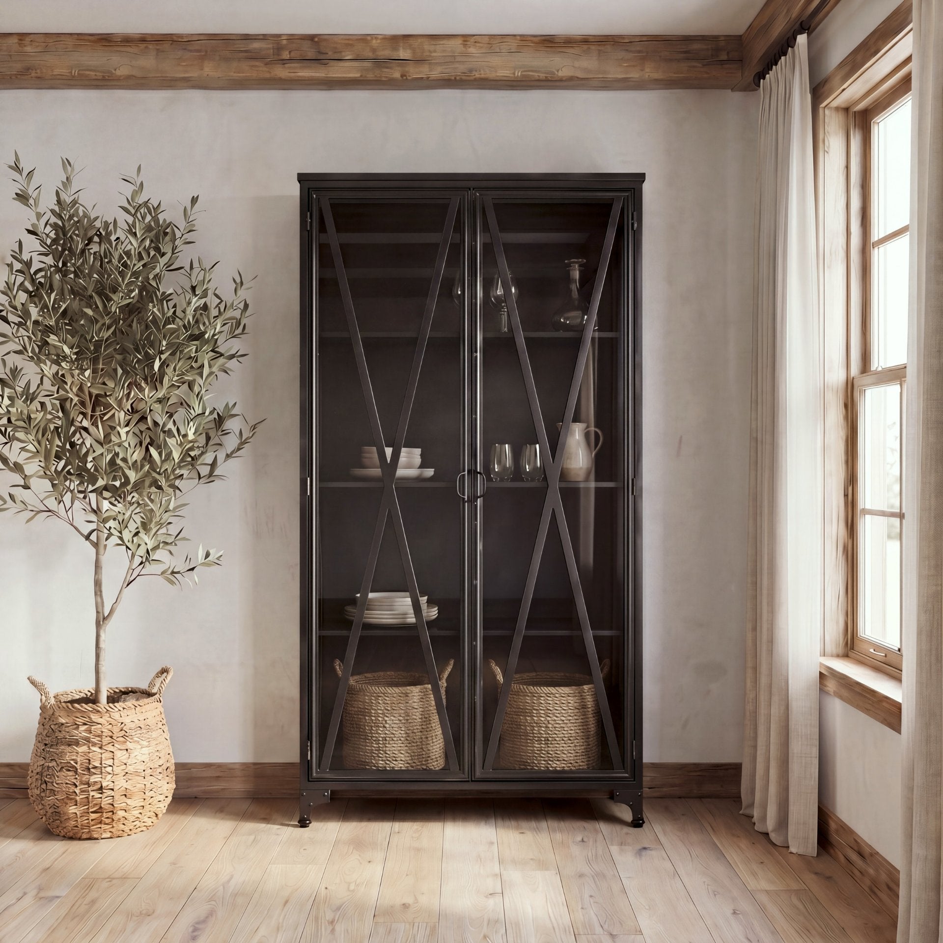 Poppy II 73.8" H Black Metal With Glass Door Display Cabinet