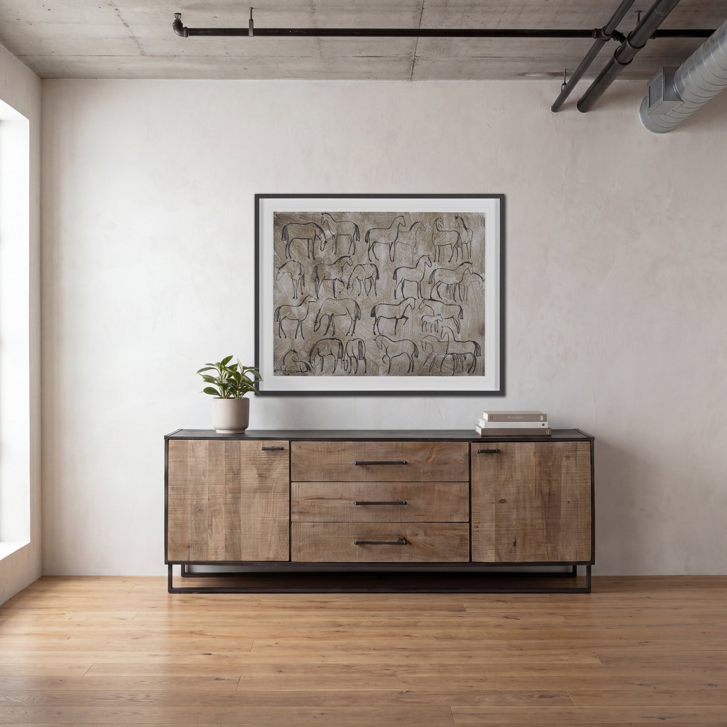 Alvin 82x20 Brown Solid Wood With Black Metal Frame 3 Drawer 2 Cabinet Door Sideboard