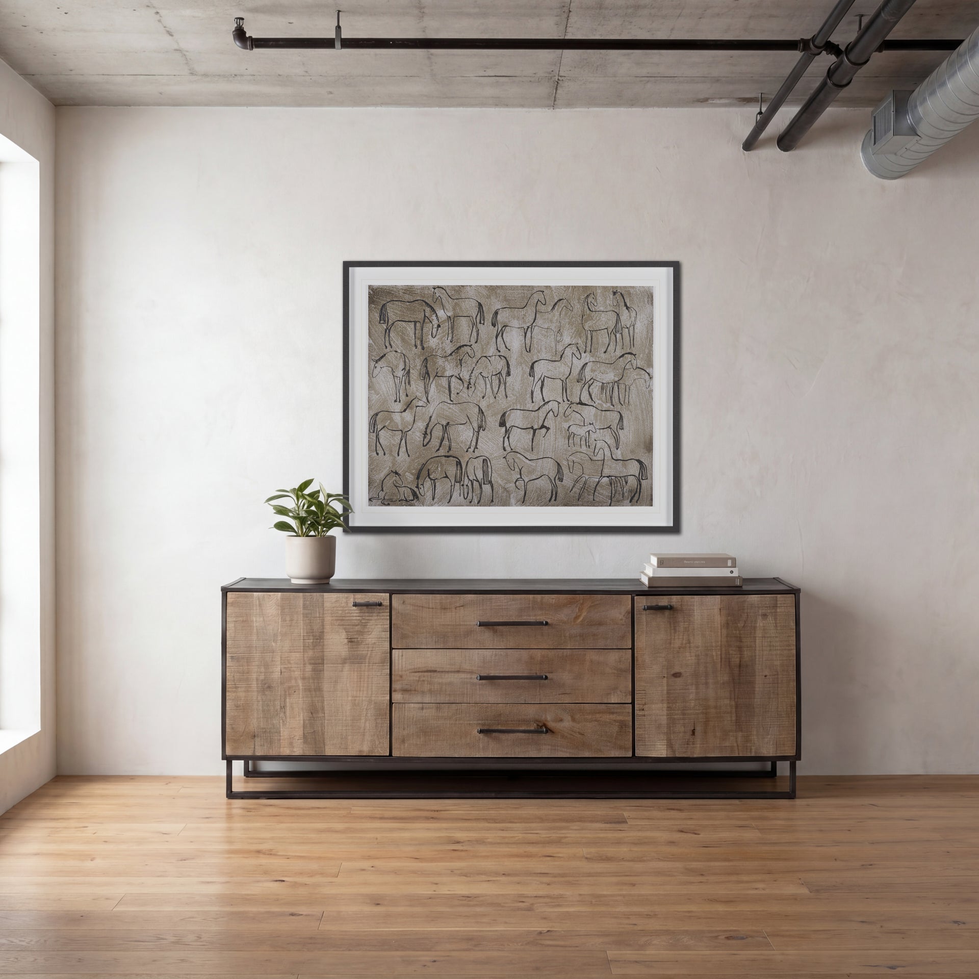Alvin 82x20 Brown Solid Wood With Black Metal Frame 3 Drawer 2 Cabinet Door Sideboard