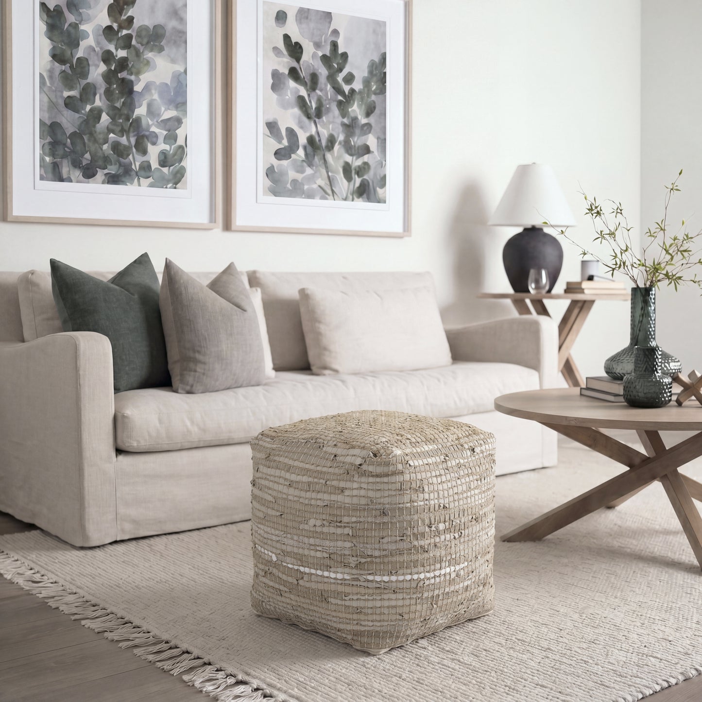 Aalia 16.0L x 16.0W x 16.0H Beige Leather and Jute Pouf