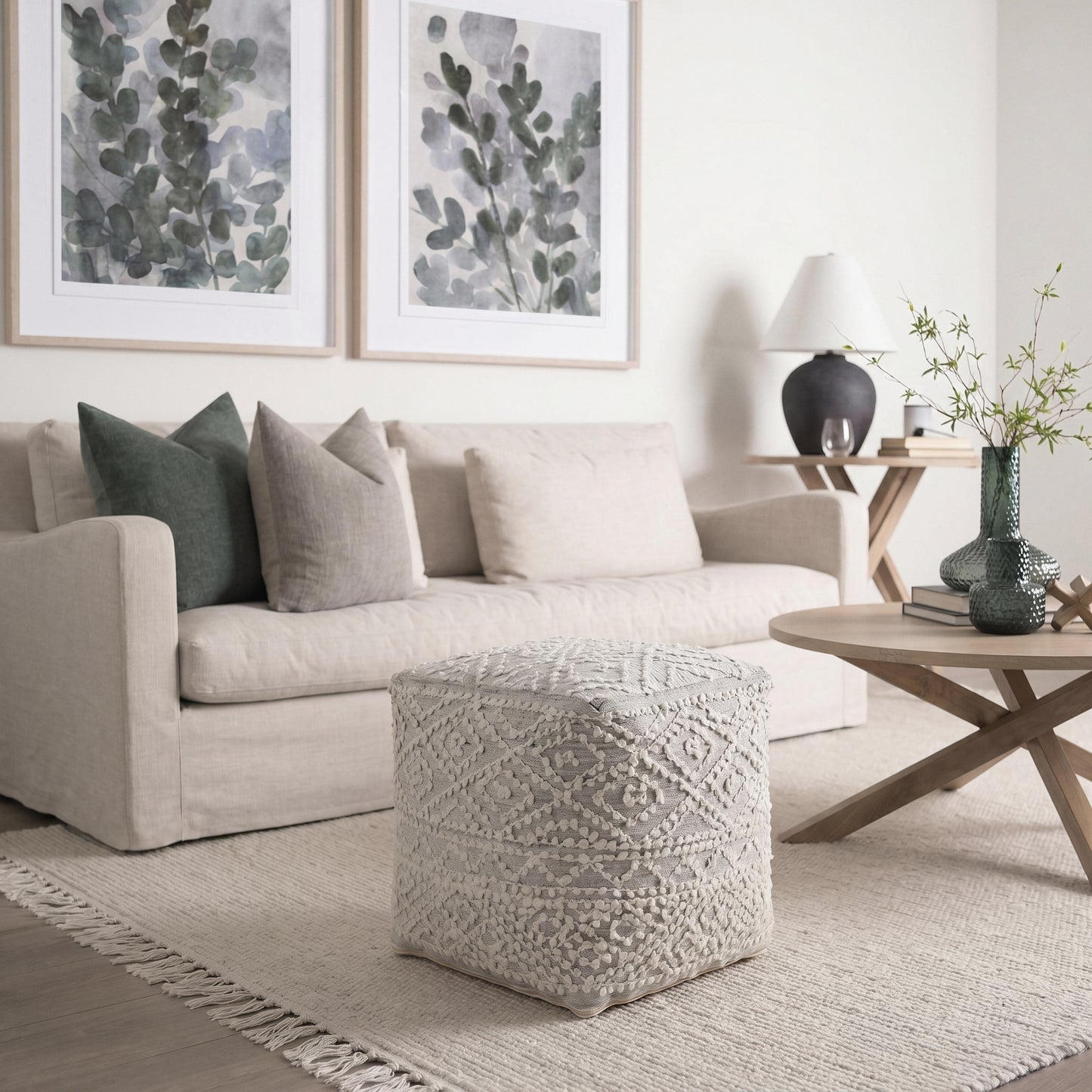 Farida 6.0L x 16.0W x 16.0H Light Gray Wool and Polyester Patterned Pouf