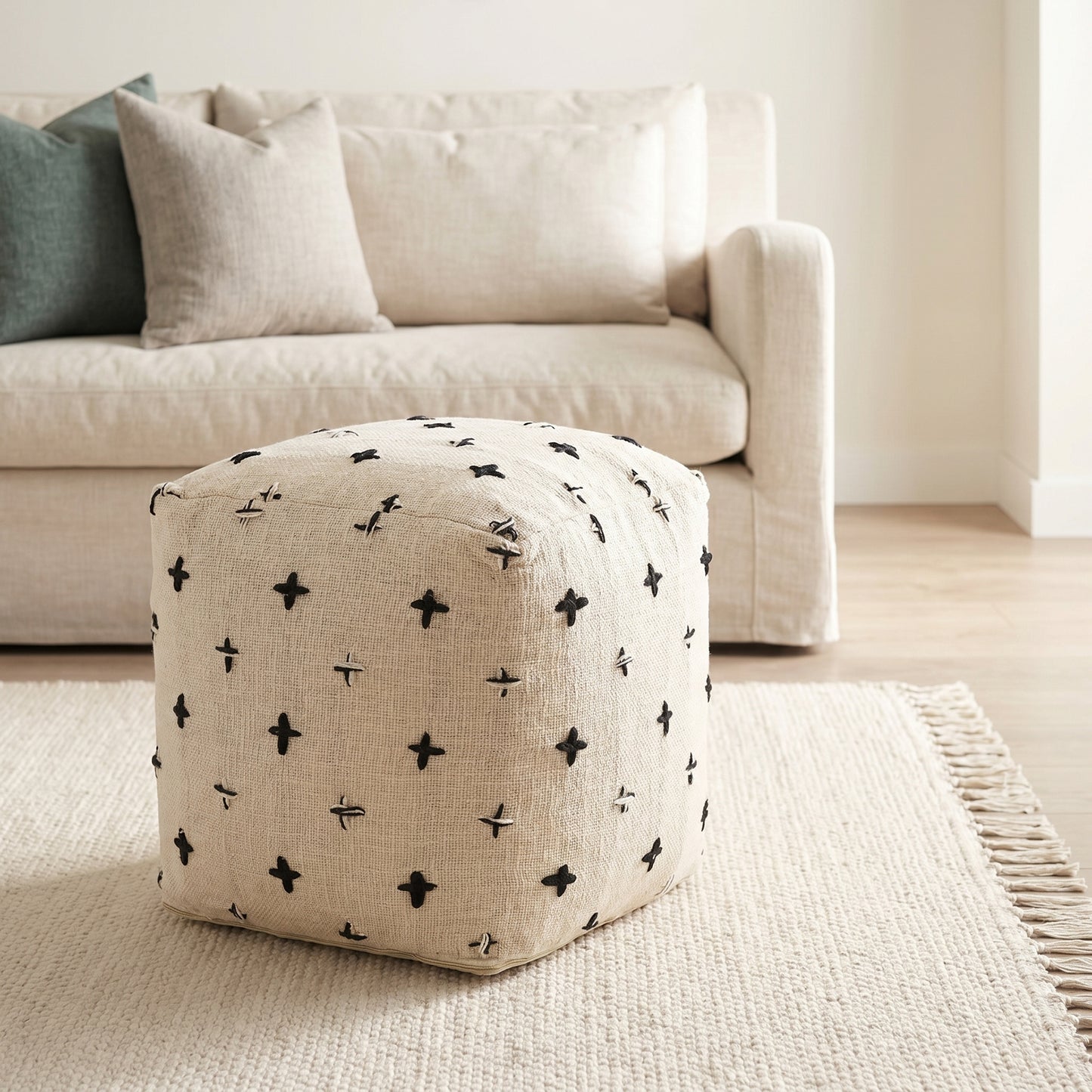 Saanvi Wool w/ Cream and Black Stitched Cross Patterned Pouf