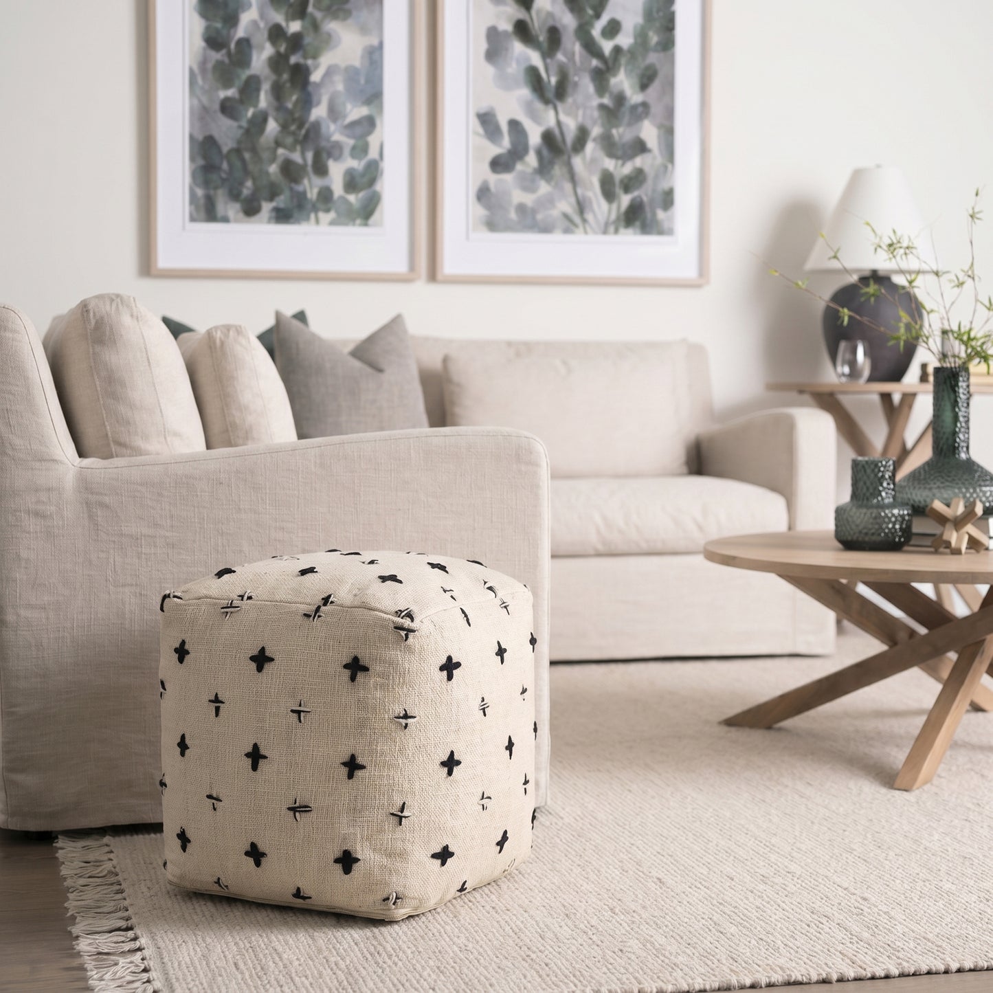 Saanvi Wool w/ Cream and Black Stitched Cross Patterned Pouf
