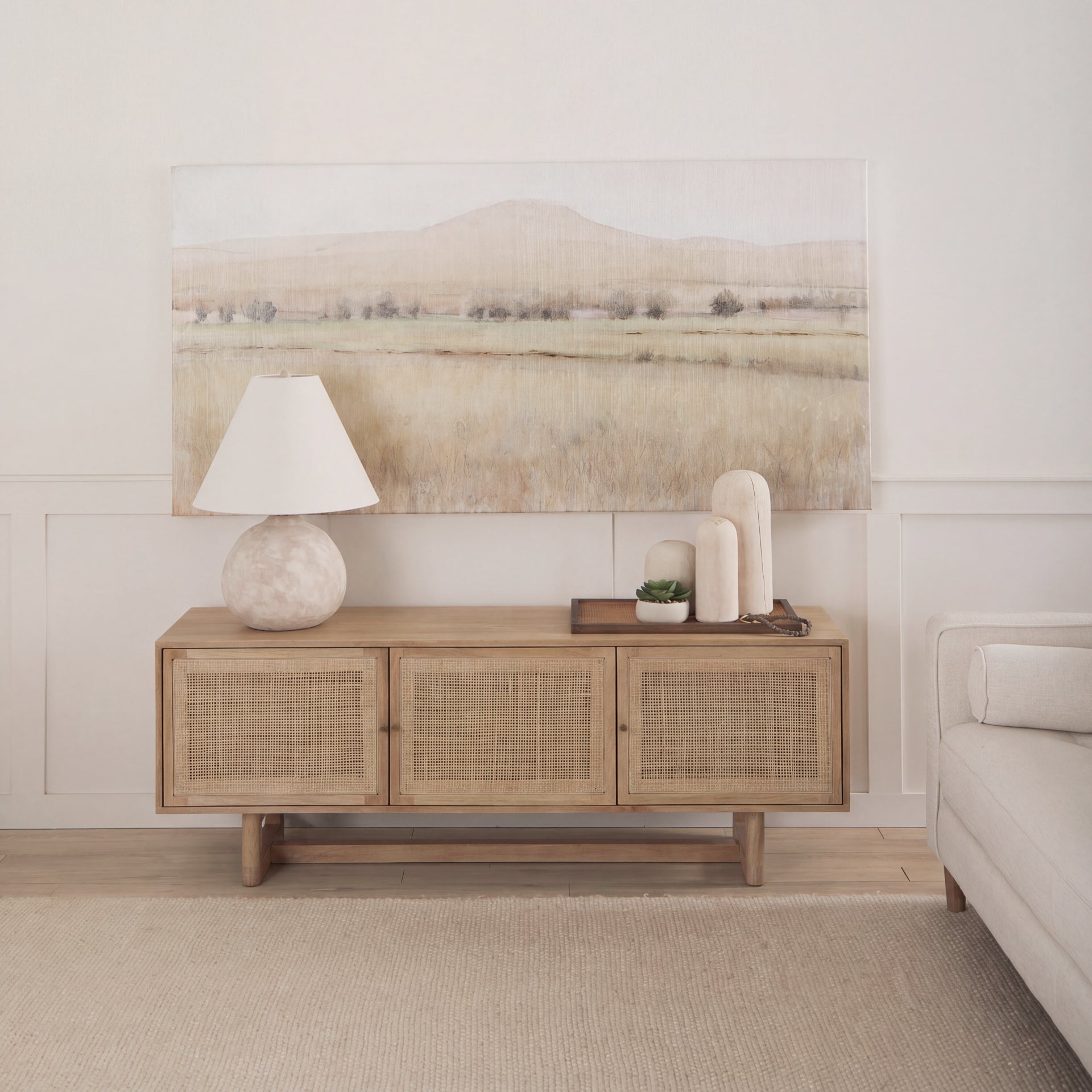Grier 65" Light Brown Wood w/ Cane Media Console
