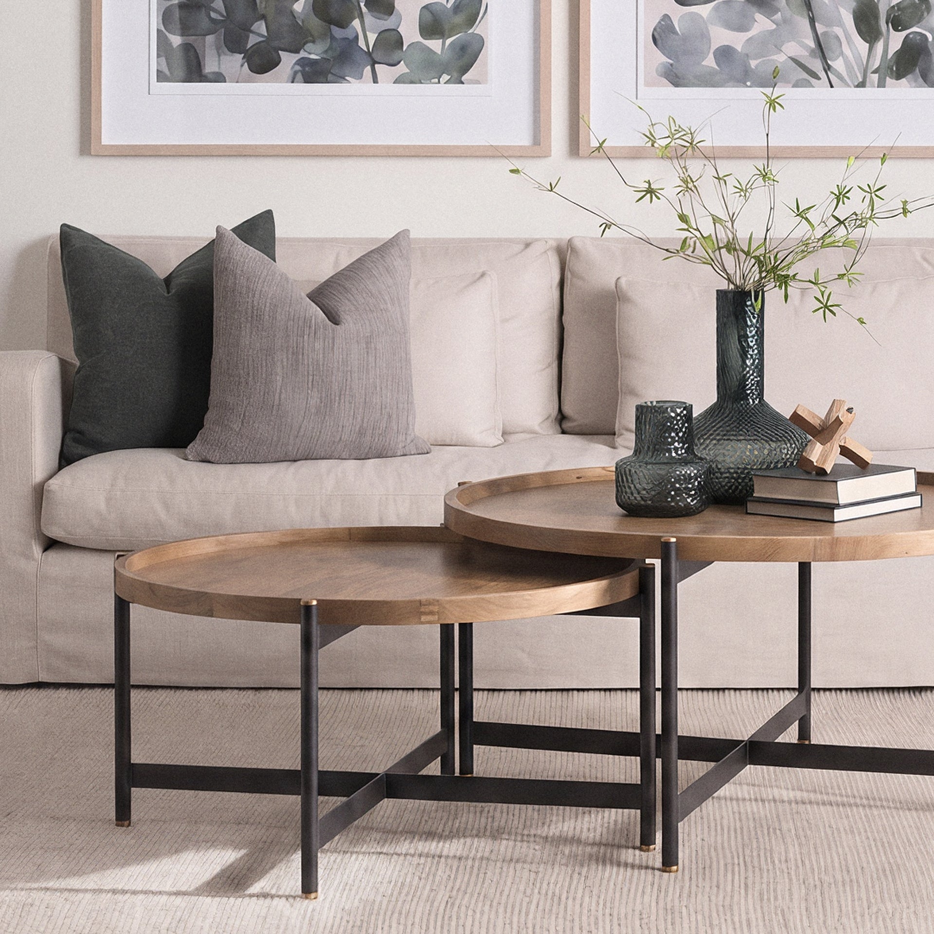 Marquisa 42" Round Medium Brown Wood W/Black Metal Large Coffee Table