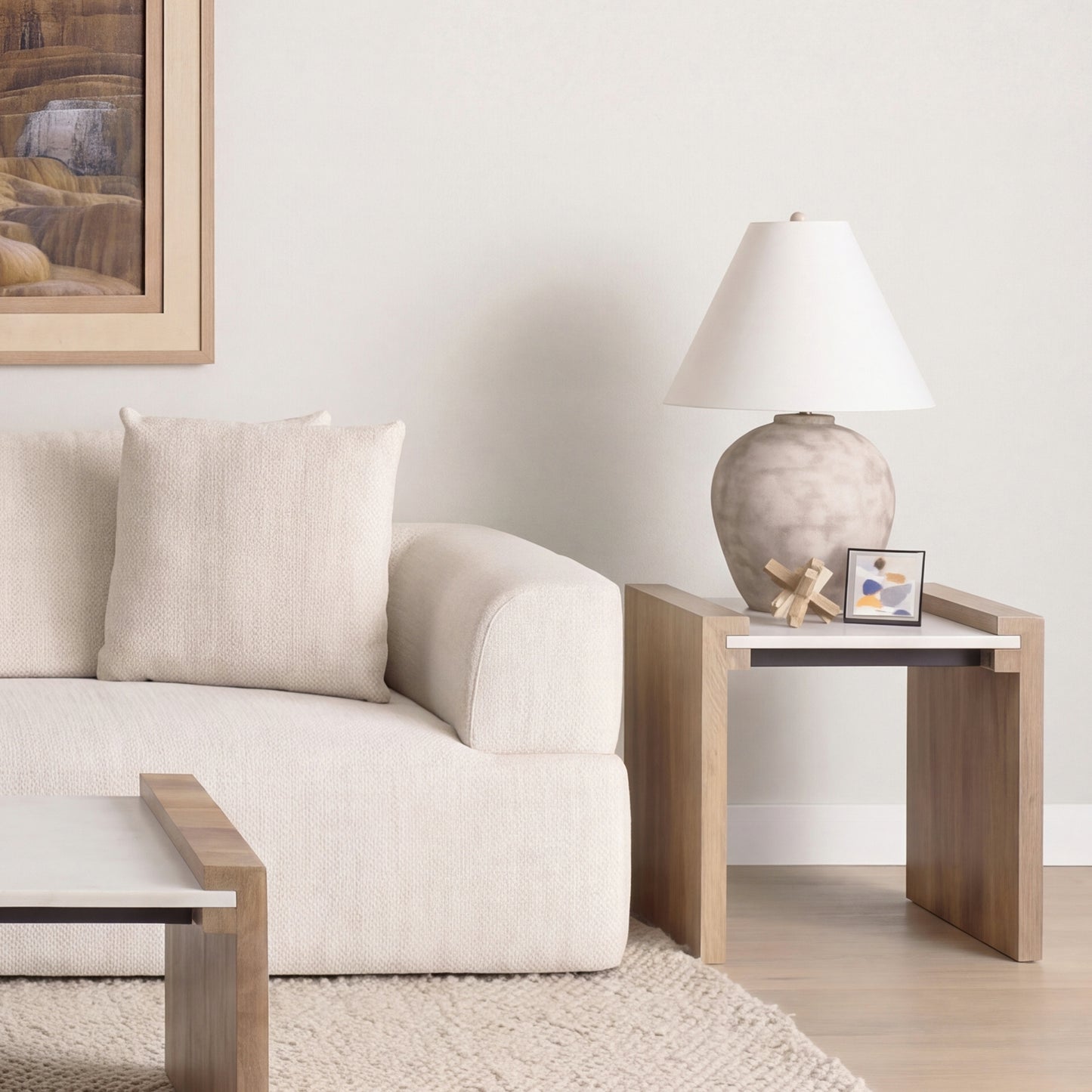 Athens Light Brown Wood w/ White Marble Accent Table