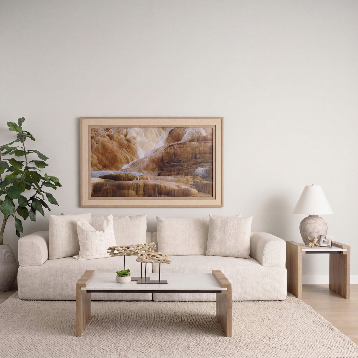 Athens  48.0L x 28.0W x 16.0H Light Brown Wood and White Marble Coffee Table