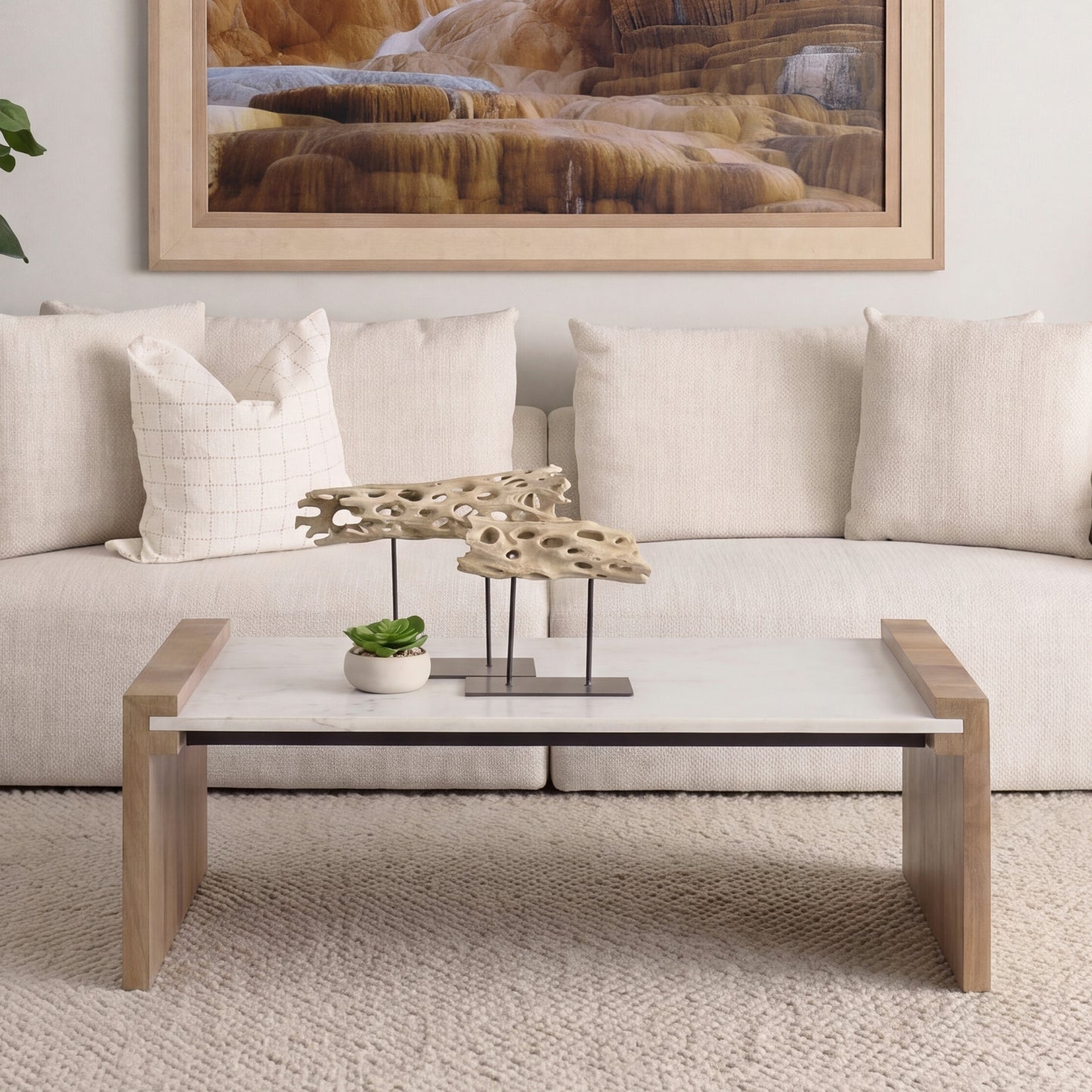 Athens  48.0L x 28.0W x 16.0H Light Brown Wood and White Marble Coffee Table