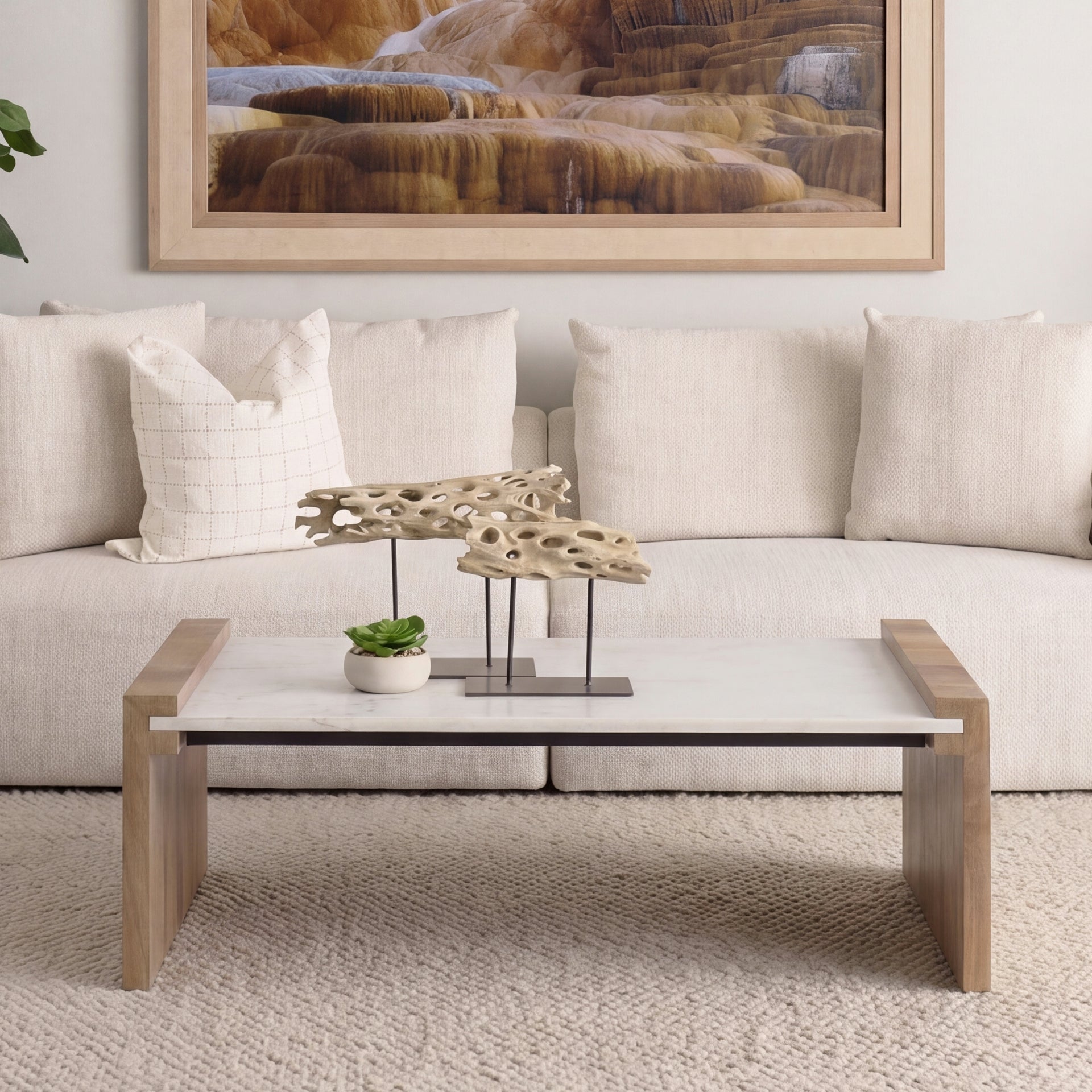 Athens  48.0L x 28.0W x 16.0H Light Brown Wood and White Marble Coffee Table