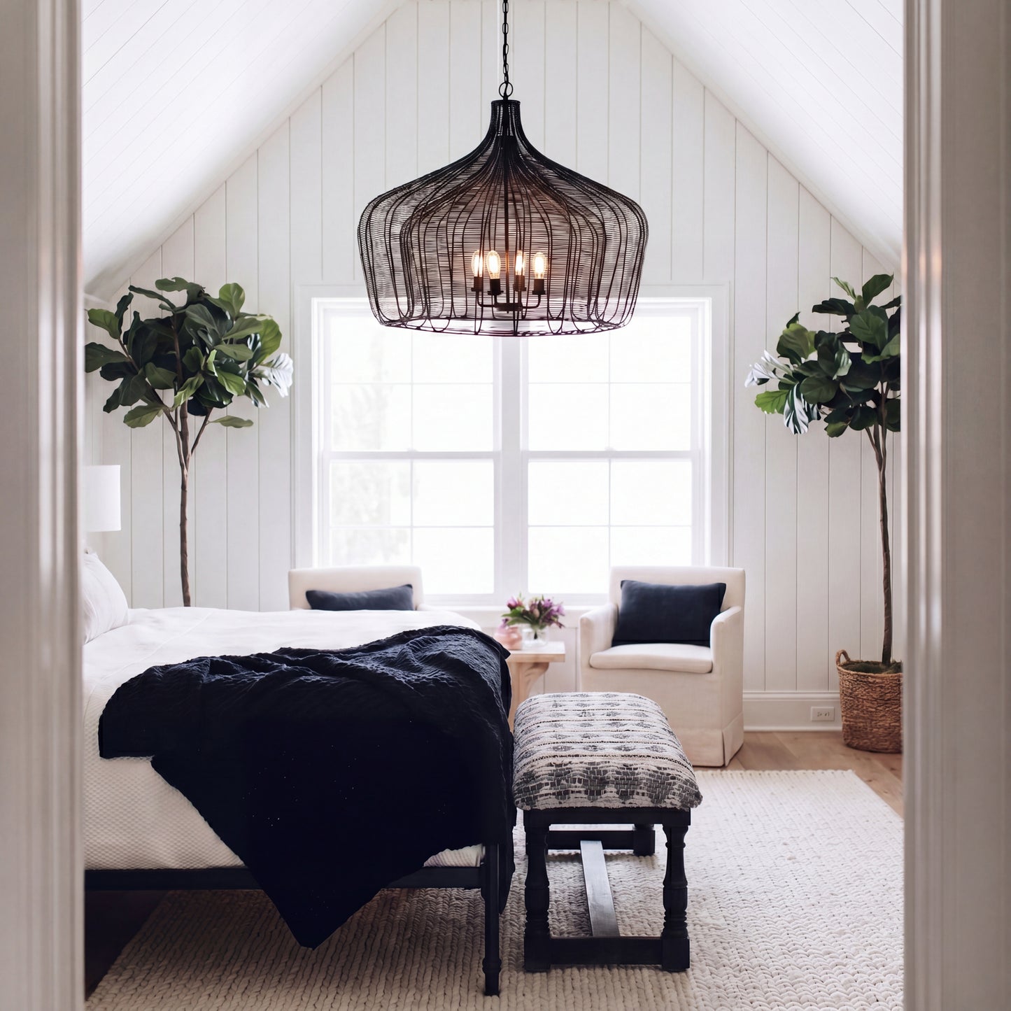 Camila (40"x31") Black Metal Mesh-Style Four Bulb Chandelier