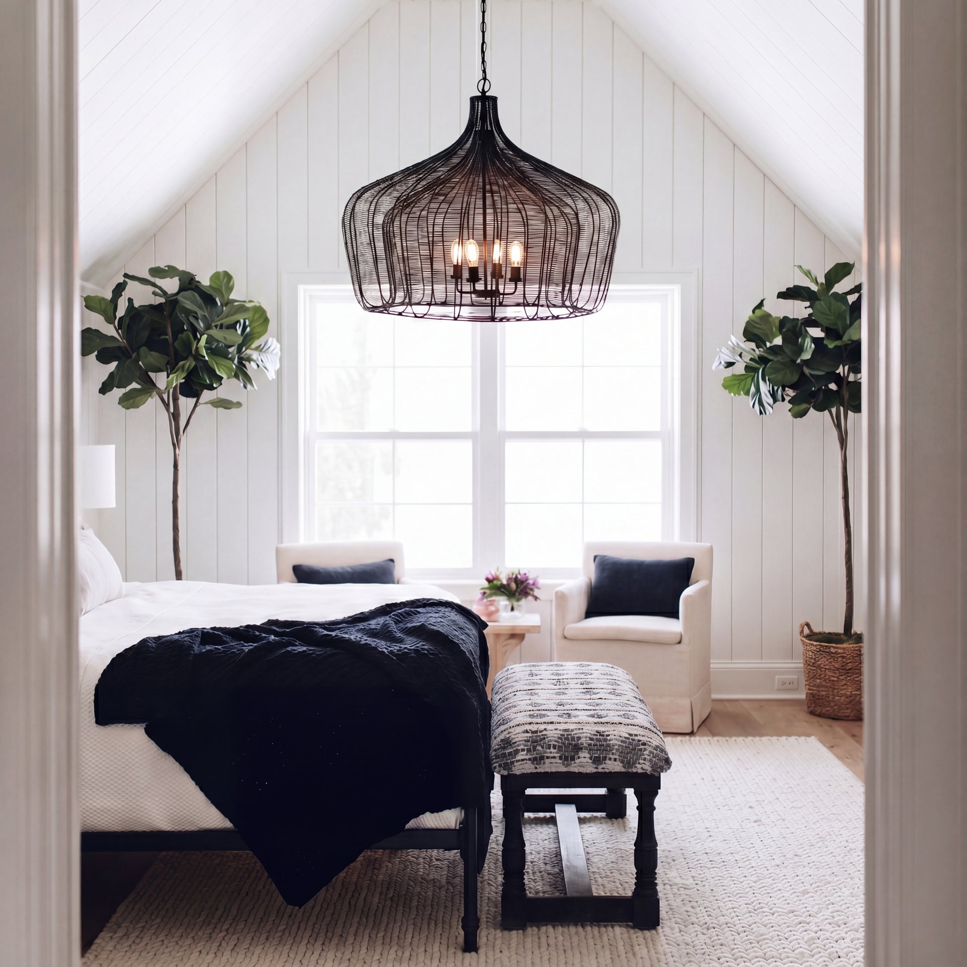 Camila (40"x31") Black Metal Mesh-Style Four Bulb Chandelier