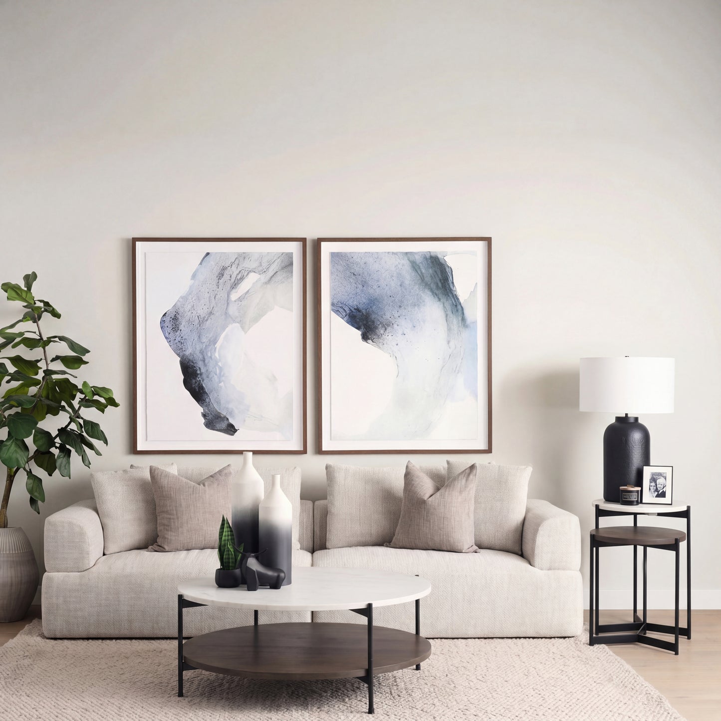 Larkin 42" Round Two-Tier White Marble Top and Solid Wood Shelf w/ Black Metal Frame Coffee Table