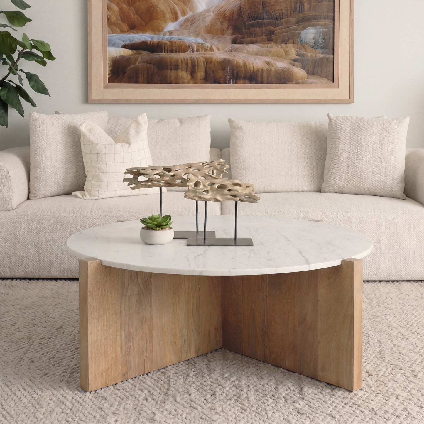 Bianca Light Brown Wood w/ Round Marble Top Coffee Table