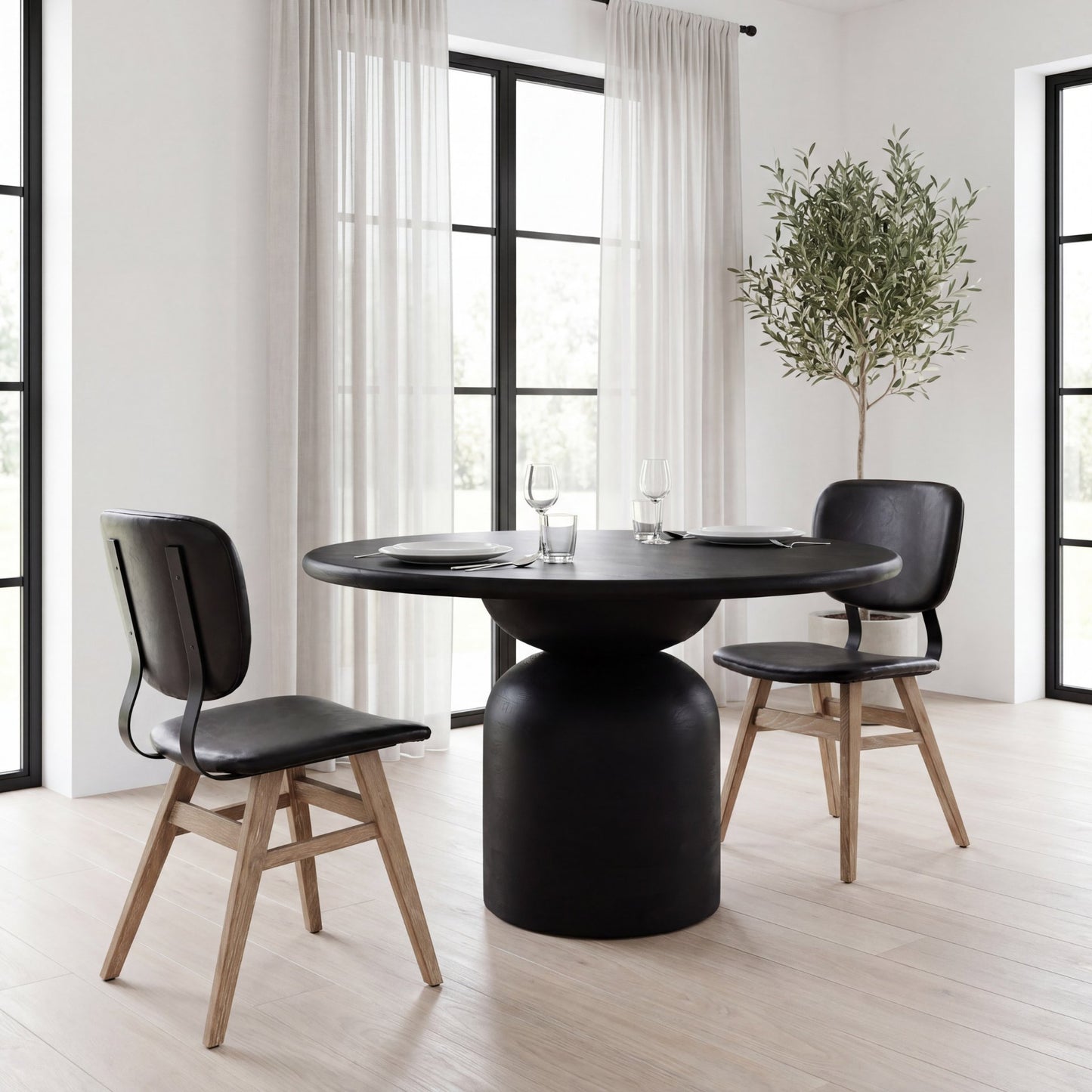 Haden I Black Faux-Leather Wrap Brown Solid Wood and Iron Base Dining Chair