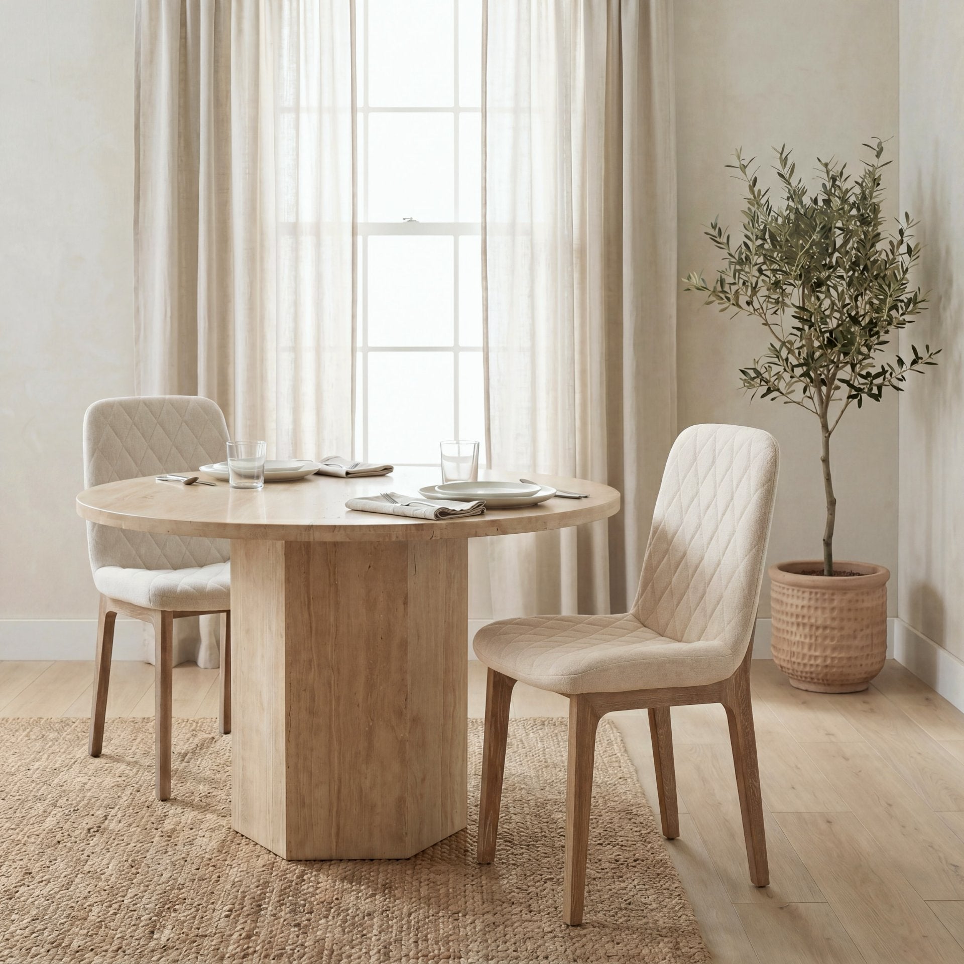 David Diamond Tuffed Cream Fabric Wrap Brown Wood Base Dining Chair