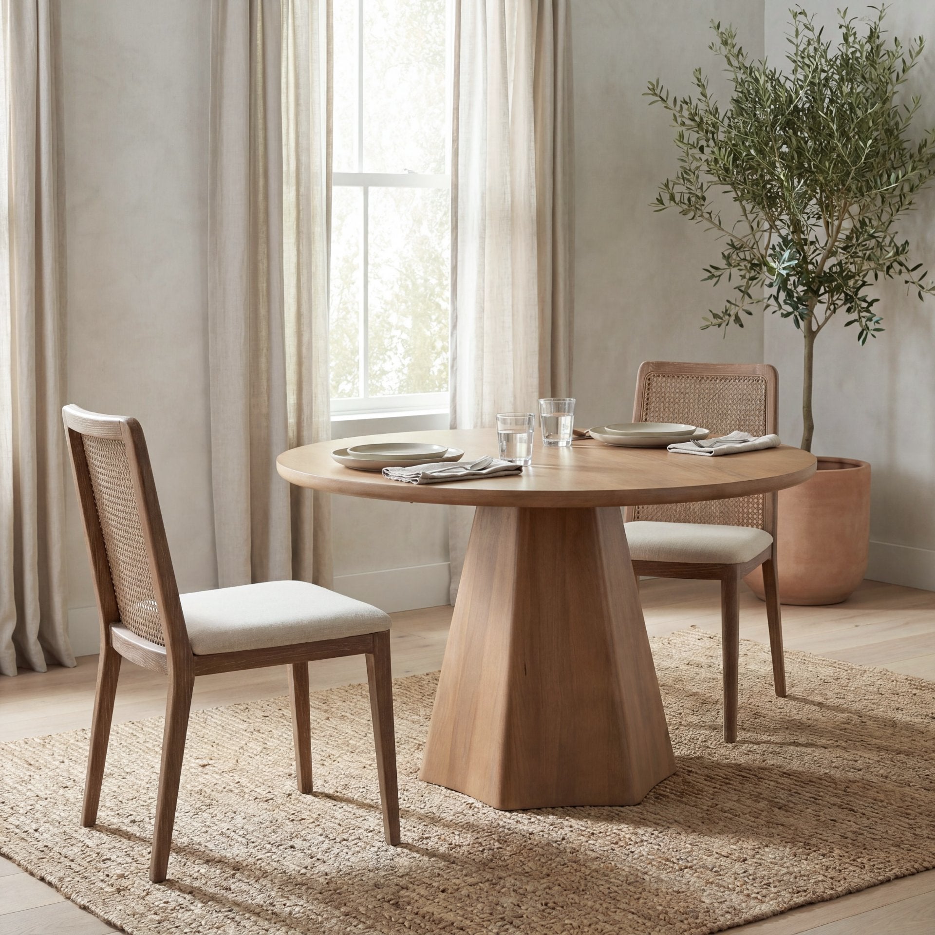 Clara Light Brown Wood W/ Cream Fabric Seat and Cane Back Armless Dining Chair