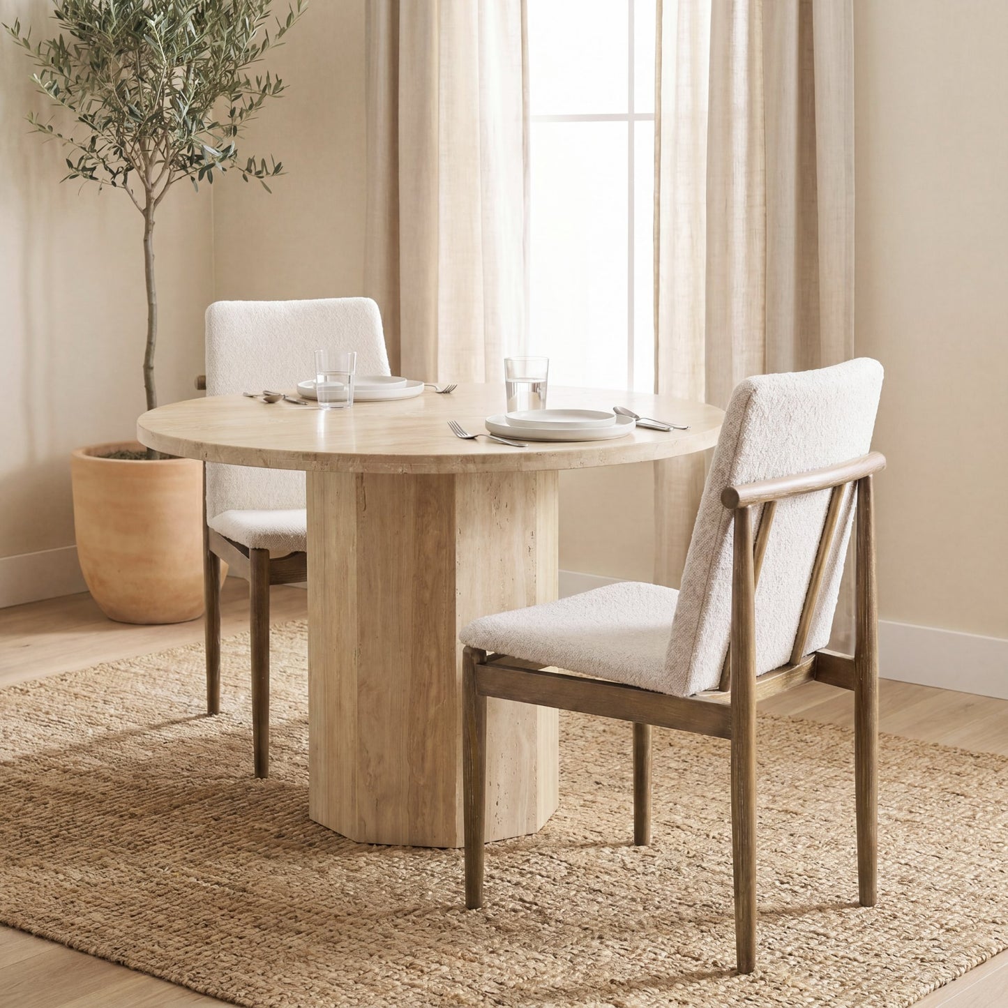 Cavett Cream Boucle Upholstered Seat W/Light Brown Wood Frame Dining Chair