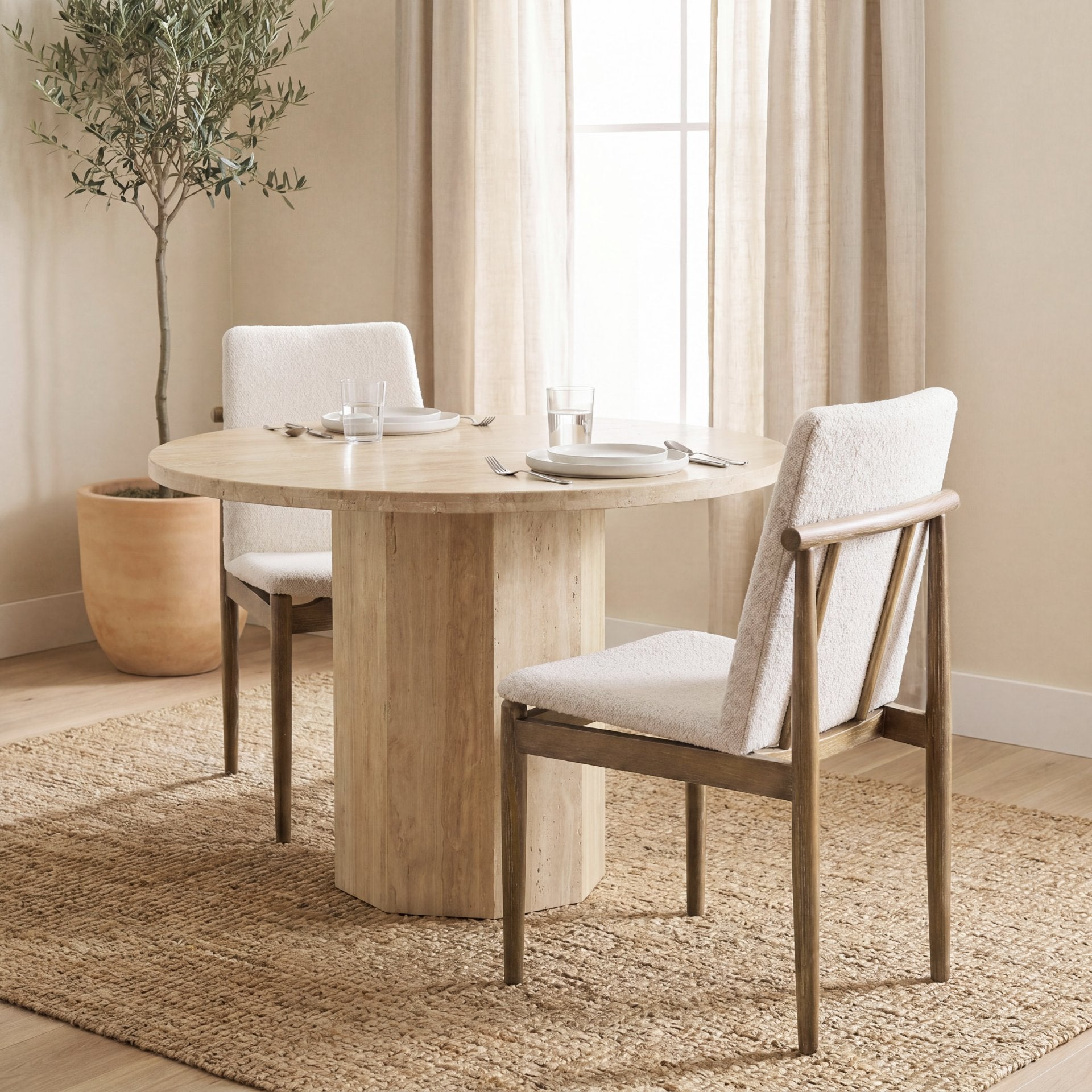 Cavett Cream Boucle Upholstered Seat W/Light Brown Wood Frame Dining Chair