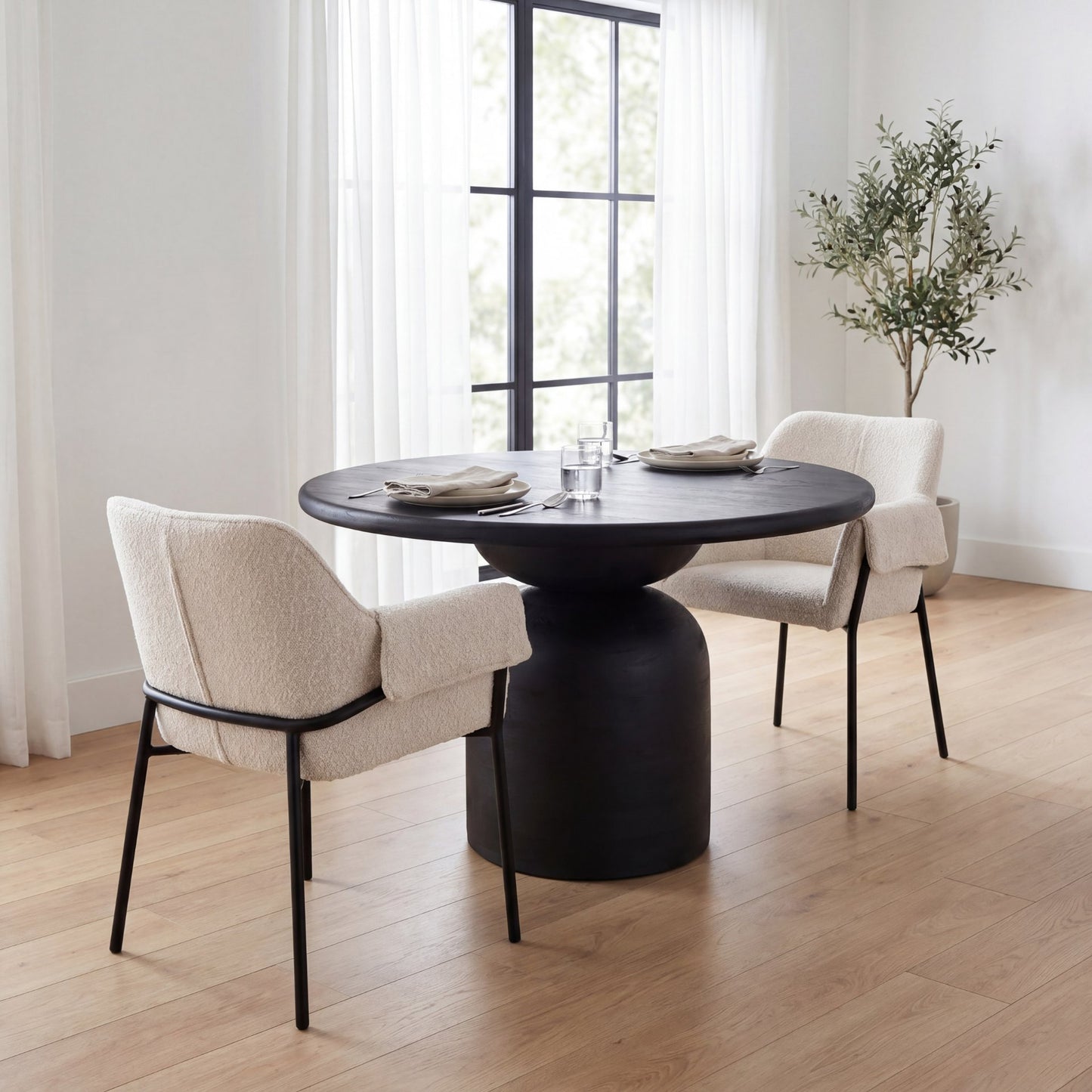 Brently Dining Chair w/ Cream Boucle Fabric & Matte Black Metal Legs