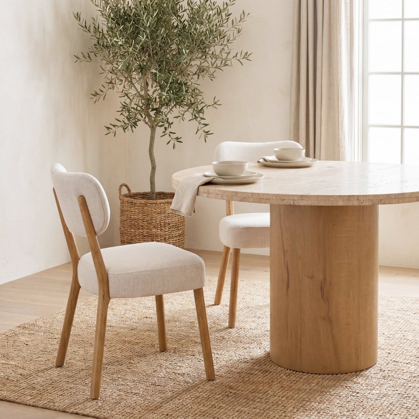 Owen Dining Chair W/ Medium Brown Wood and Beige Fabric
