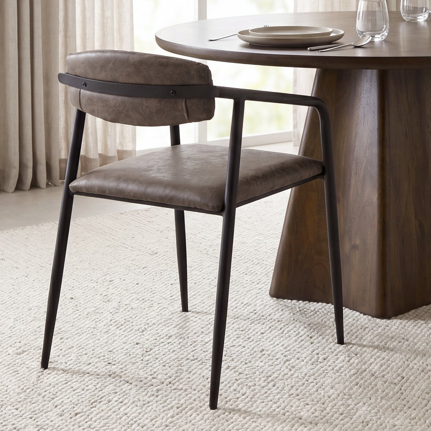 Langston Brown Faux-Leather Seat Black Iron Frame Dining Chair