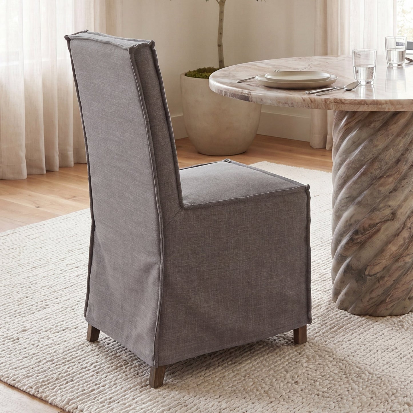 Elbert I Grey Fabric Slip-Cover Brown Wooden Base Dining Chair