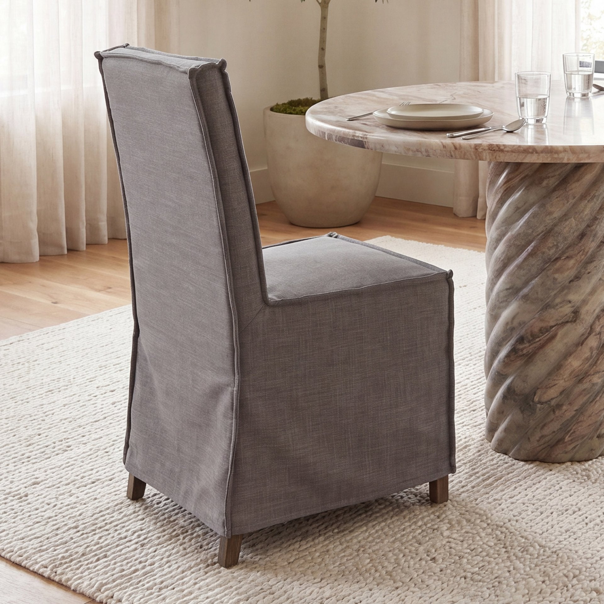 Elbert I Grey Fabric Slip-Cover Brown Wooden Base Dining Chair