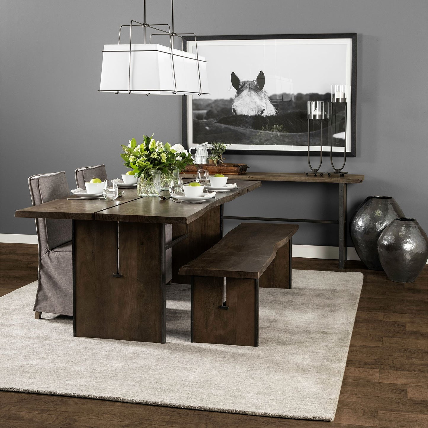 Elbert I Grey Fabric Slip-Cover Brown Wooden Base Dining Chair