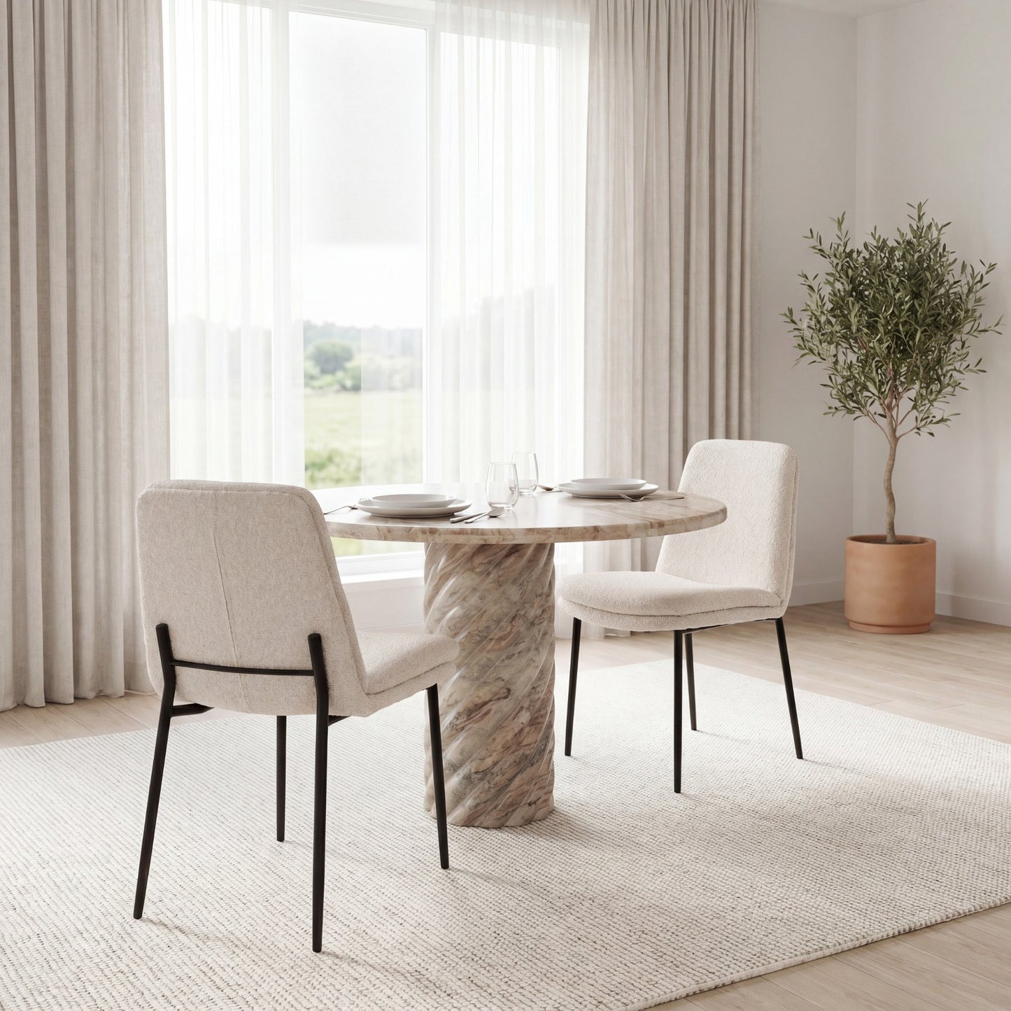 Eve Dining Chair w/ Cream Boucle Fabric & Matte Black Metal