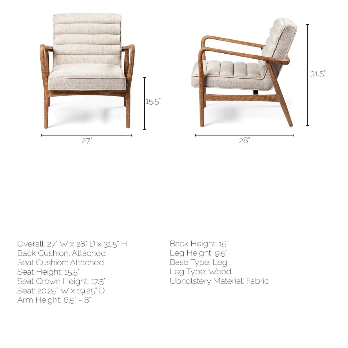Ajax Upholstered Accent Chair Cream Fabric | Brown Wood - accent-chairs