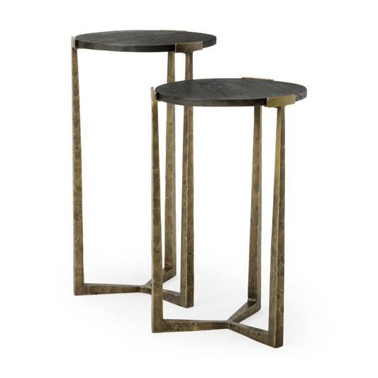 Atticus Accent Table Black Wood | Antiqued Gold Hammered Metal | Set of 2 Nesting - accent-tables