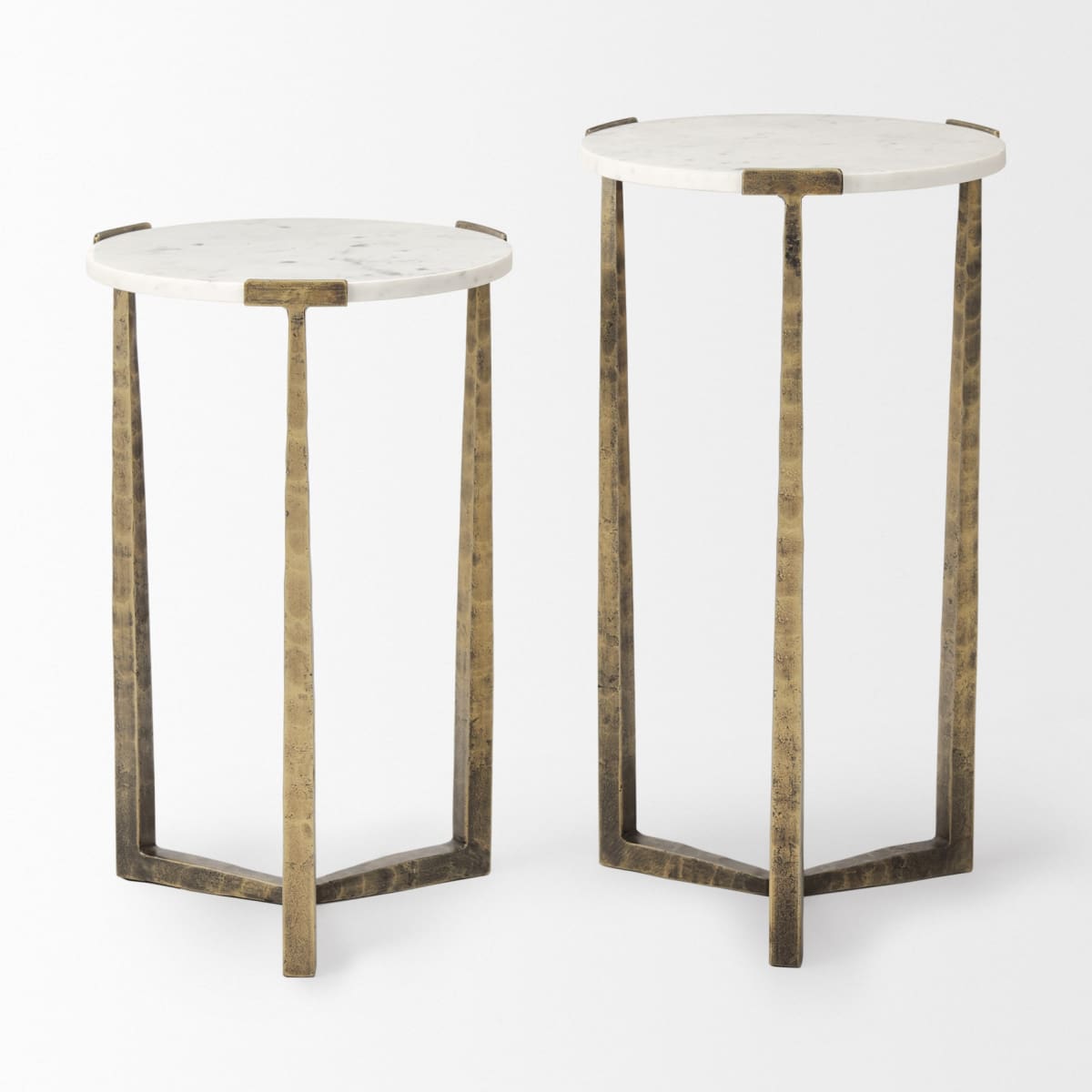 Atticus Accent Table White Marble | Antiqued Gold Hammered Metal | Set of 2 Nesting - accent-tables
