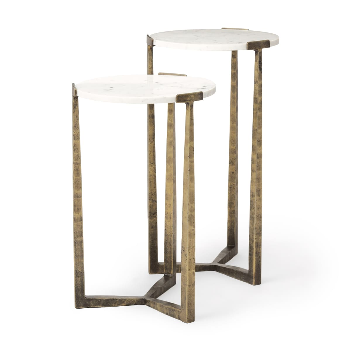 Atticus Accent Table White Marble | Antiqued Gold Hammered Metal | Set of 2 Nesting - accent-tables