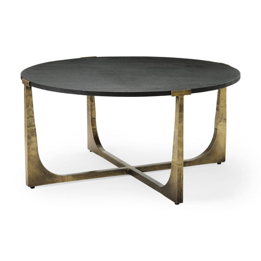 Atticus Coffee Table Black Wood | Antiqued Gold Hammered Metal Frame - coffee-tables