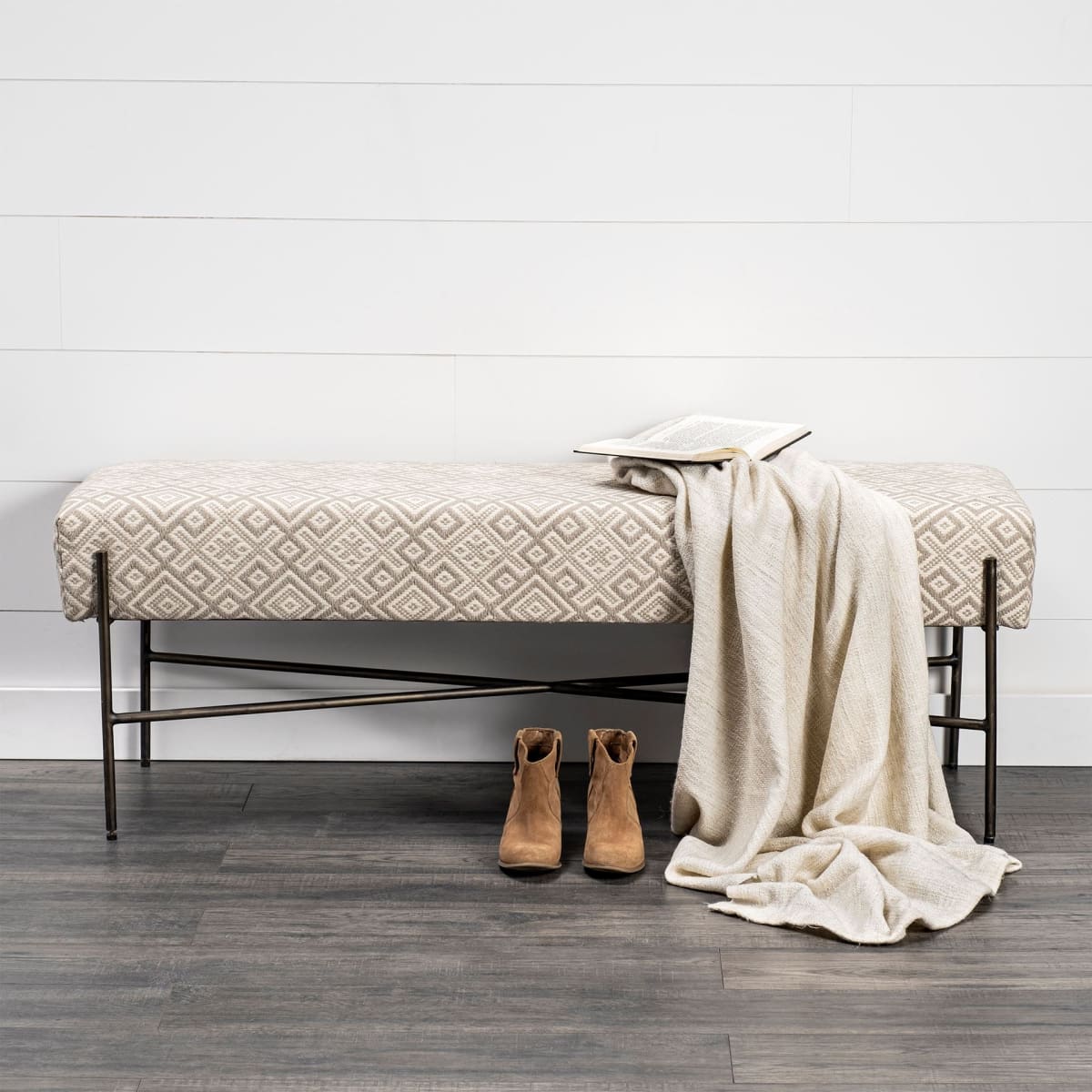 Avery Bench Off-White Fabric | Nickel Metal - benches